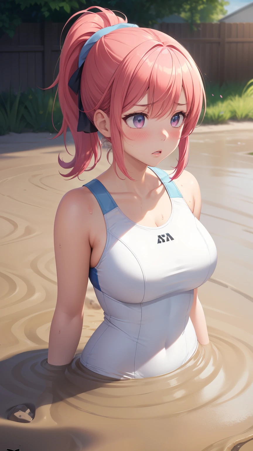 1girl, natural lighting, masterpiece, highly detailed, illustration, game CG, absurdres, high quality, aichan, large breasts, beautiful detailed eyes, medium bright pink hair, ponytail, bangs, glossy lips, blush, garden, upset, (quicksand:1.2), one-piece swimsuit