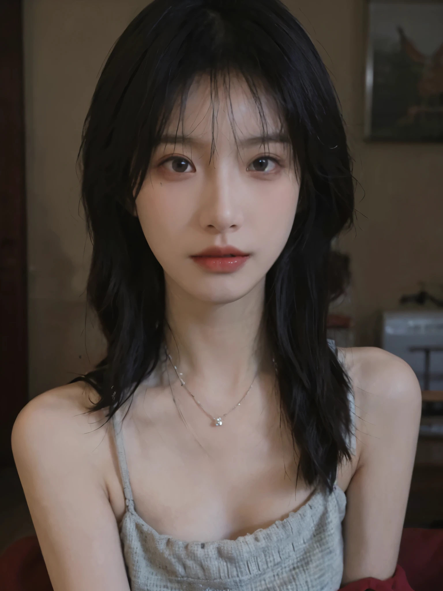 Film portrait photography, 2 girls, Bare shoulders,Lipstick,(flat chest:1.4), Wear a necklace,Cute expression,Exquisite makeup,Red suspenders,serene, calm, (Realistic and detailed eyes, Natural skin texture, Realistic facial details), Big breasts:1.6,Big Breasts,Soft dramatic lighting, Depth of Field, Bokeh, Vibrant details, Detailed and detailed, Surreal, 35mm film, hazy, ,