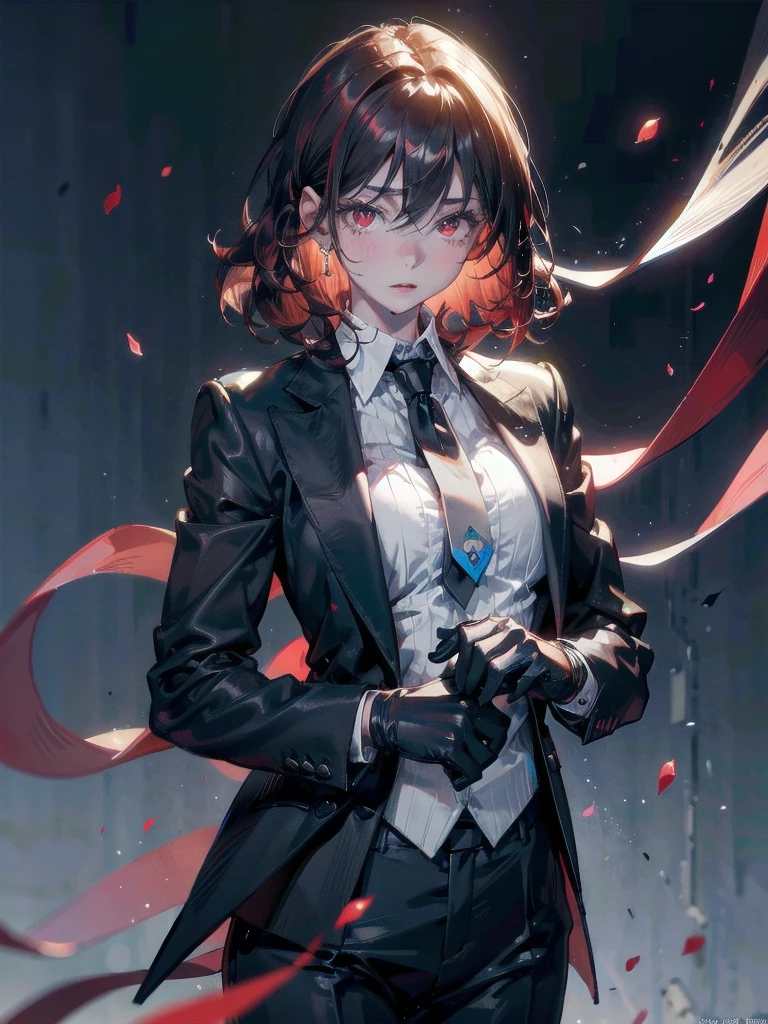 Black gloves, Formal suit, tie, Jacket, pants, big tits,absurdres, RAW photo, extremely delicate and beautiful, masterpiece, Best Quality, ultra high resolution, 32k, hyperrealistic, ultra-detailed, detailed description, pale skin, 20 years old, tearful mole, earring, short medium hair, wavy hair, whole body shot, Redhead, Red eyes,