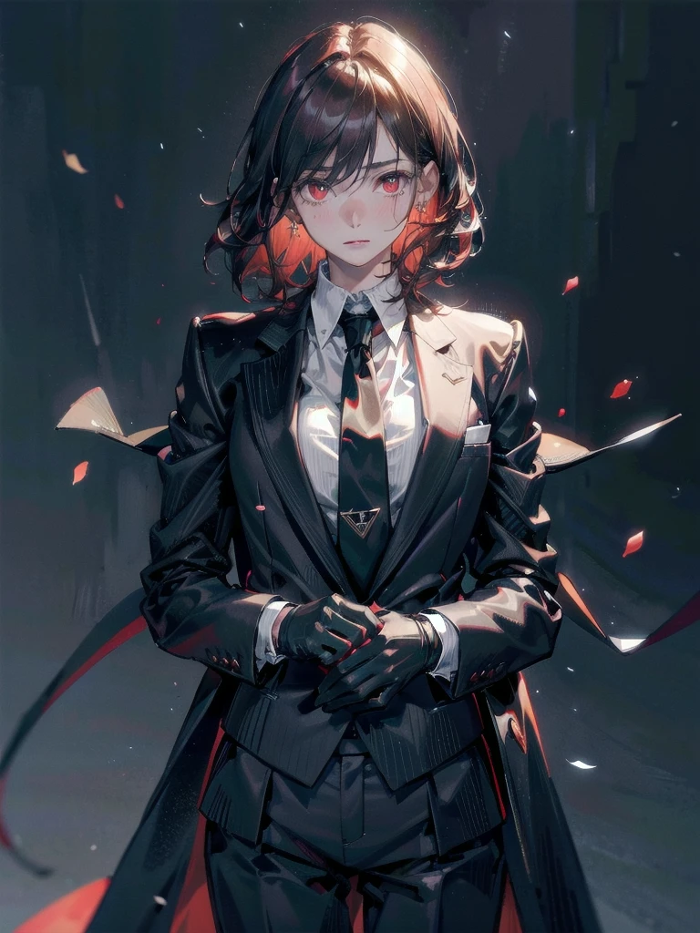 Black gloves, Formal suit, tie, Jacket, pants, big tits,absurdres, RAW photo, extremely delicate and beautiful, masterpiece, Best Quality, ultra high resolution, 32k, hyperrealistic, ultra-detailed, detailed description, pale skin, 20 years old, tearful mole, earring, short medium hair, wavy hair, whole body shot, Redhead, Red eyes,