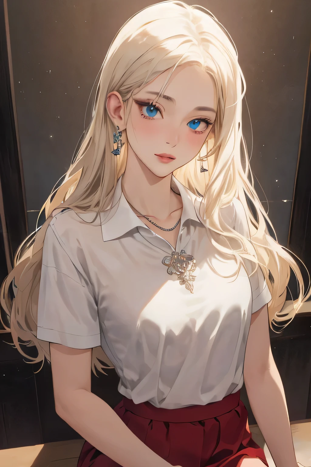 (extreamly delicate and beautiful:1.2), 8K,(masterpiece:1.0),(best_quality:1.0), 1 girl,model and intricate detailing, Enlarged textures, and intricate detailing, finely eye and detailed face, and intricate detailing, shiraga, platinum blonde curls long hair, (closed mouths), Perfect eyes, Equal eyes, carolina eyes (A famale god) with white polo shirt and red maroon short skirt, carolina eyes perfect, perfect, earing, hairpin, perfect body, sexy body, carolina blue perfect eyes, lips nude, necklace, little blush on nude