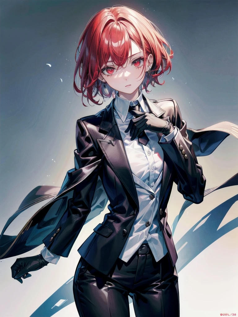 Black gloves, Formal suit, tie, Jacket, pants, big tits,absurdres, RAW photo, extremely delicate and beautiful, masterpiece, Best Quality, ultra high resolution, 32k, hyperrealistic, ultra-detailed, detailed description, pale skin, 20 years old, tearful mole, earring, short medium hair, wavy hair, whole body shot, Redhead, Red eyes,