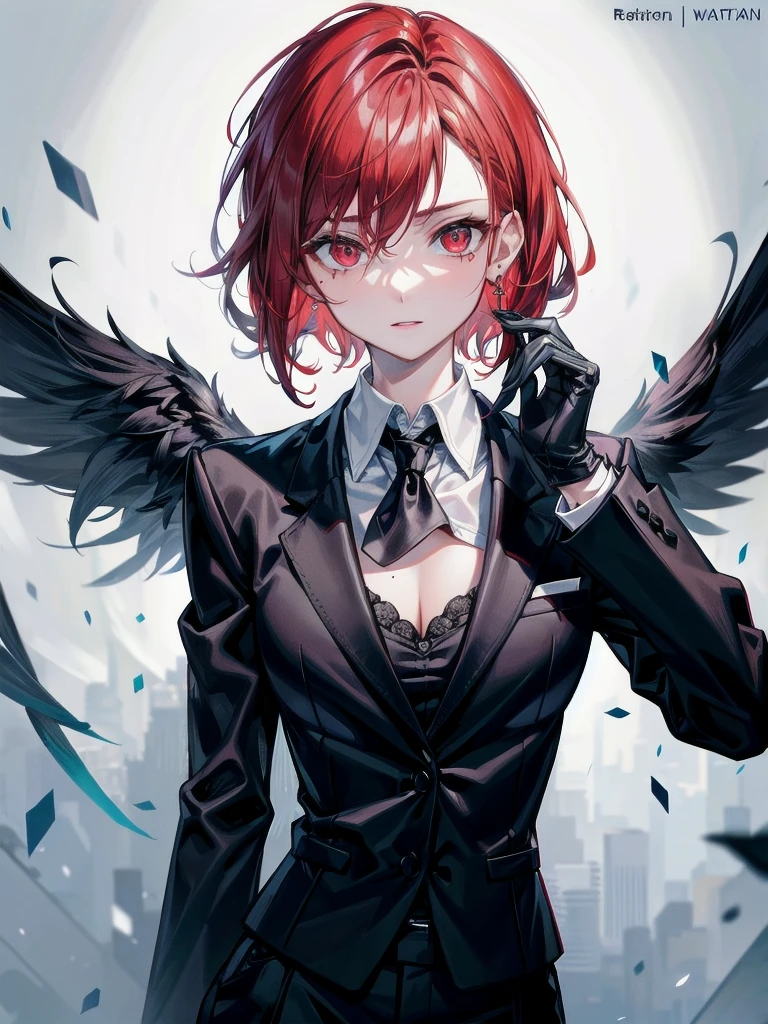 Black gloves, Formal suit, tie, Jacket, pants, big tits,absurdres, RAW photo, extremely delicate and beautiful, masterpiece, Best Quality, ultra high resolution, 32k, hyperrealistic, ultra-detailed, detailed description, pale skin, 20 years old, tearful mole, earring, short medium hair, wavy hair, whole body shot, Redhead, Red eyes,