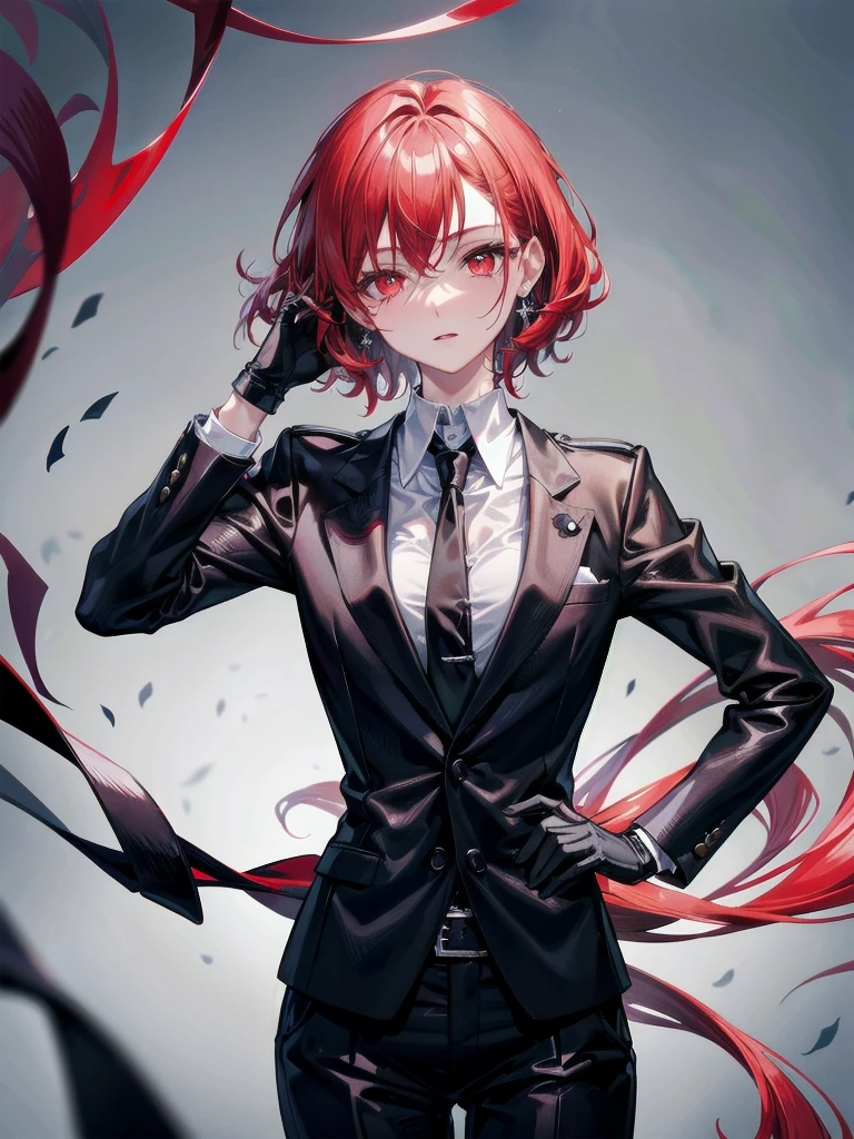 Black gloves, Formal suit, tie, Jacket, pants, big tits,absurdres, RAW photo, extremely delicate and beautiful, masterpiece, Best Quality, ultra high resolution, 32k, hyperrealistic, ultra-detailed, detailed description, pale skin, 20 years old, tearful mole, earring, short medium hair, wavy hair, whole body shot, Redhead, Red eyes,
