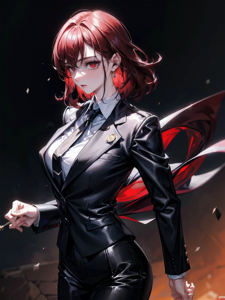 Black gloves, Formal suit, tie, Jacket, pants, big tits,absurdres, RAW photo, extremely delicate and beautiful, masterpiece, Best Quality, ultra high resolution, 32k, hyperrealistic, ultra-detailed, detailed description, pale skin, 20 years old, tearful mole, earring, short medium hair, wavy hair, whole body shot, Redhead, Red eyes,