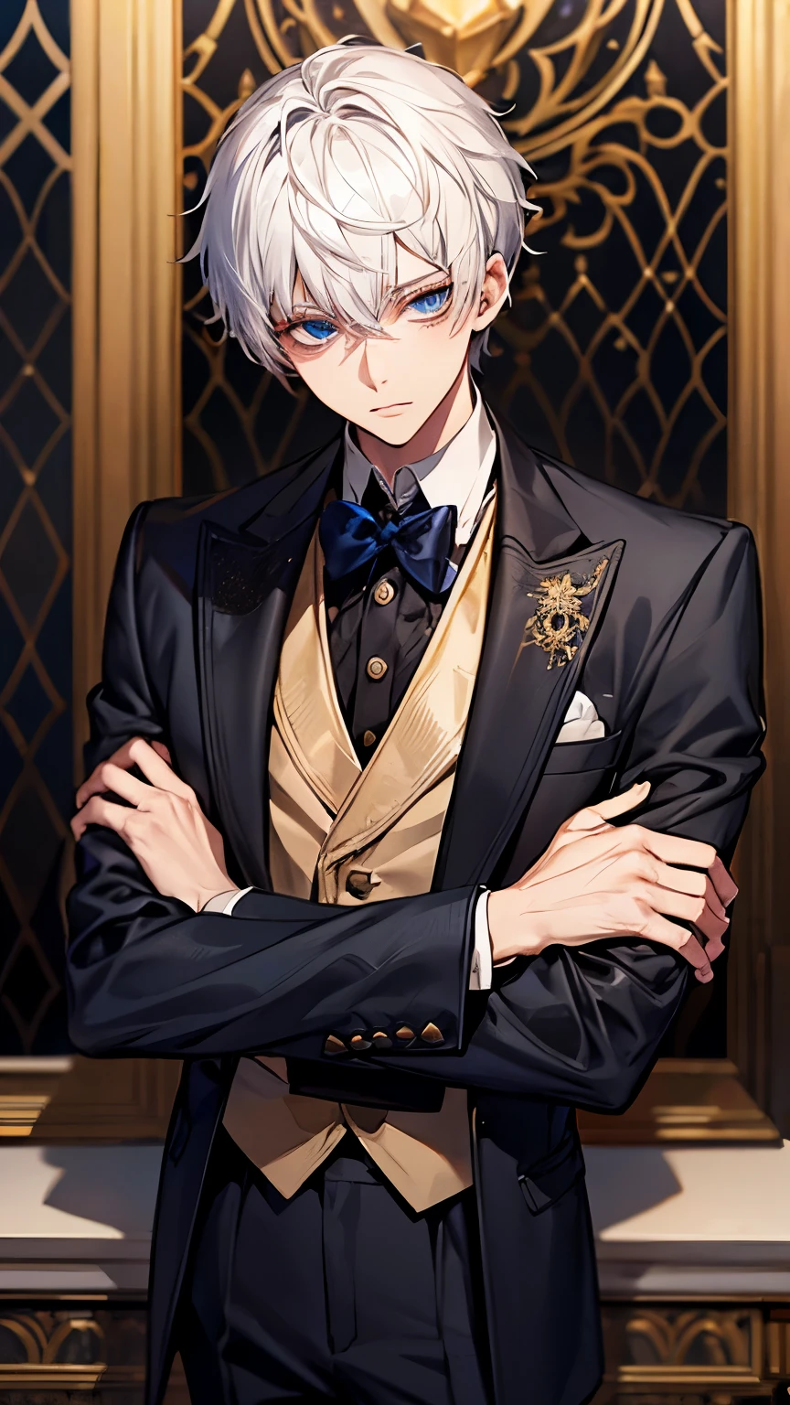 Blue eyes, white hair, male, teenager, short hair, handsome, mysterious, cool, formalwear, black suit with gold accessories