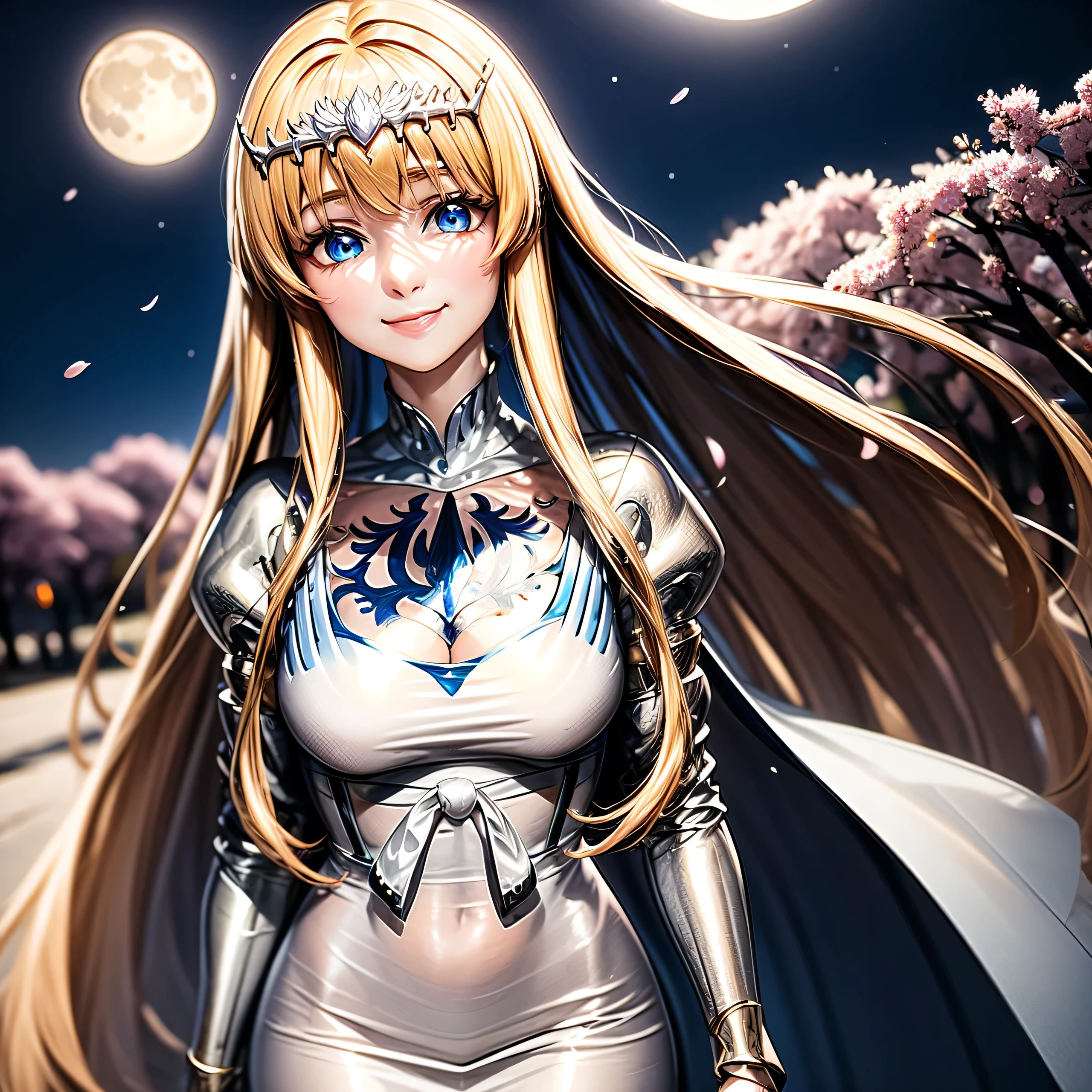 anime,1girl , , cherry blossom and moon, , little smile, , solo, Calca, Calca Bessarez, blonde hair, extremely long hair, very long hair, white tiara, white dress, blue eyes, medium chest