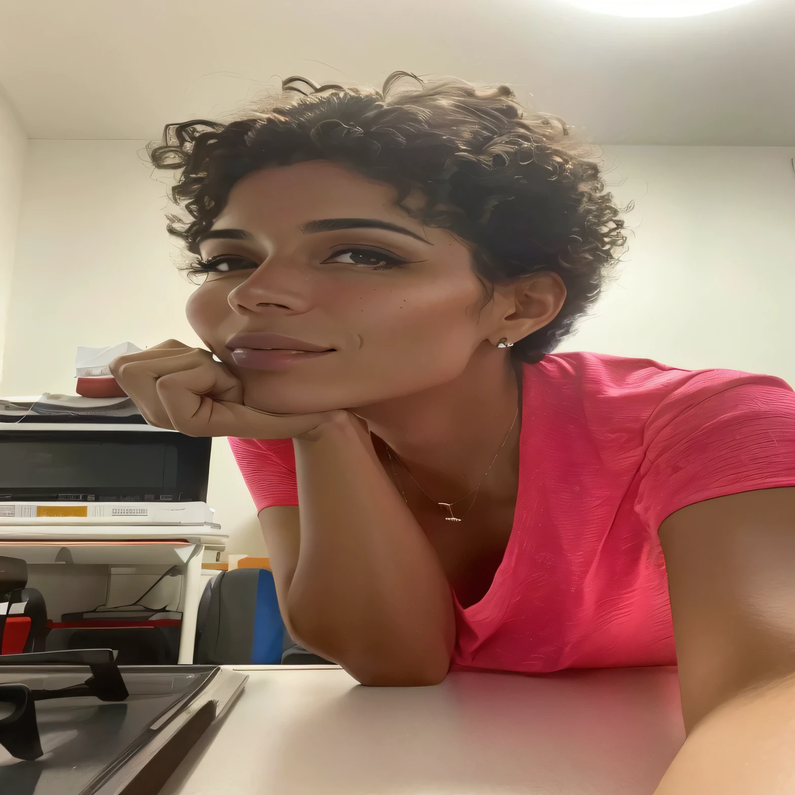 There is a woman sitting at a table with her hand on her chin, taken at the beginning of 2020, imagem de perfil, mulher de 30 anos, Mulher de 3 0 anos, Mulher de 30 anos de Cuba, in the office, headshot Foto do perfil, foto de uma mulher negra, em uma mesa, Foto do perfil