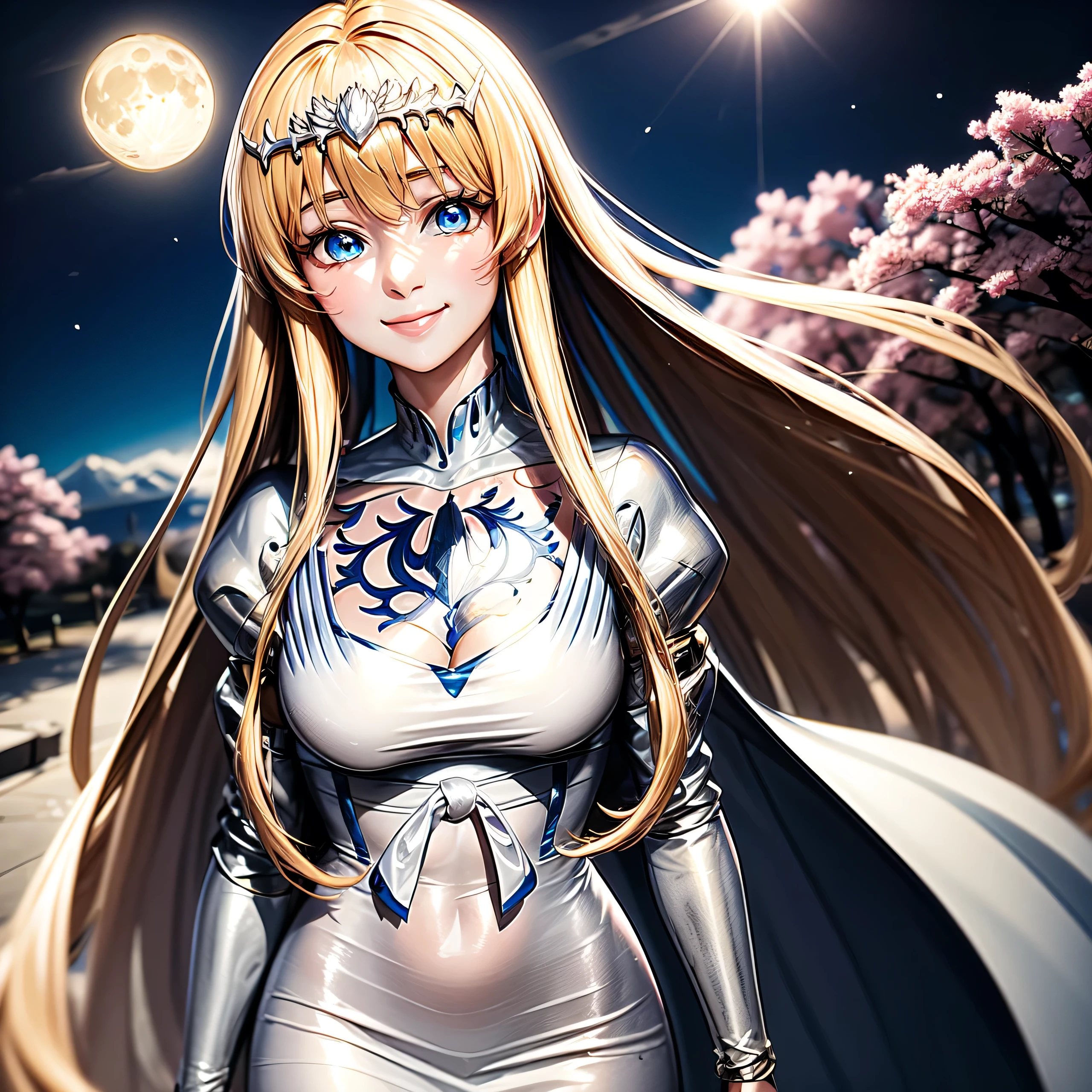 anime,1girl , , cherry blossom and moon, , little smile, , solo, Calca, Calca Bessarez, blonde hair, extremely long hair, very long hair, white tiara, white dress, blue eyes, medium chest