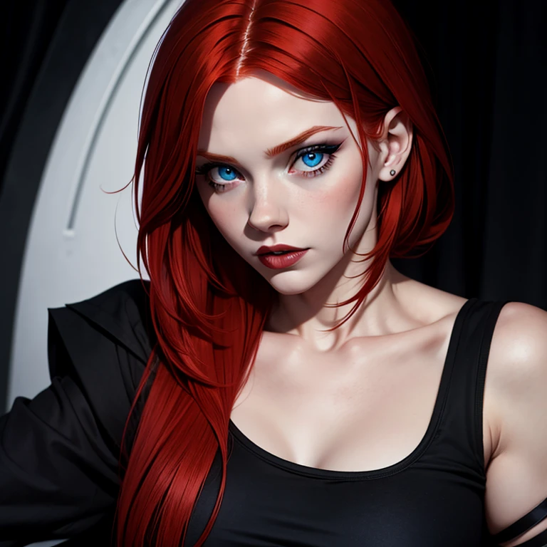 Red-haired girl with blue eyes with a part of her albino fringe and sin on her cheeks with black clothes 