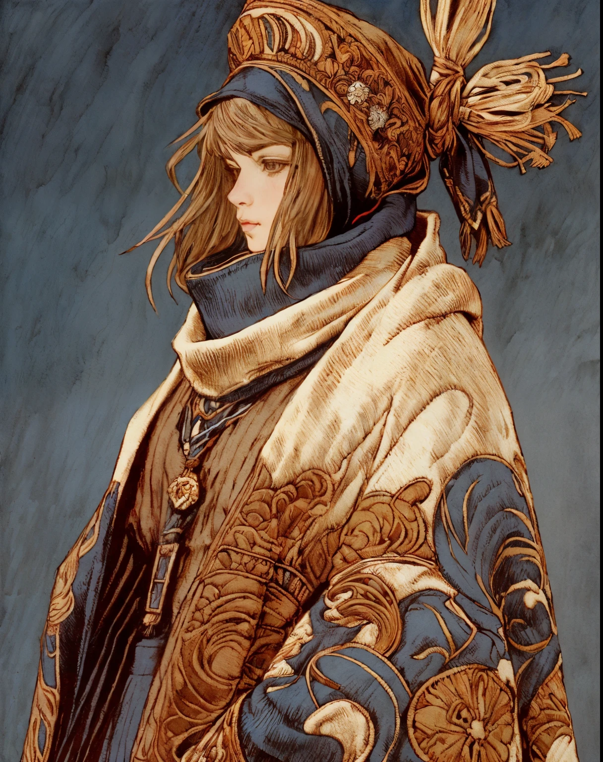 1 short person, Final Fantasy mimic character class, wrapped in patchwork patterned scarves and quilts, cross wrapped scarves, many layers of scarves and quilts, large beads and tassels, body and face wrapped in various patterned quilts and scarves. only their eyes are visible, heavy eyeliner, androgynous face, only clothing is wrapped scarves and quilts, ((entire body image)), beautiful elaborate steampunk backfround , game art book style, pen and ink outline, gauche and watercolor painting, pen and ink outlines and details, Akihiko Yoshida Style art, 8k image, gorgeous artwork, masterful painting, whimsical drawing,