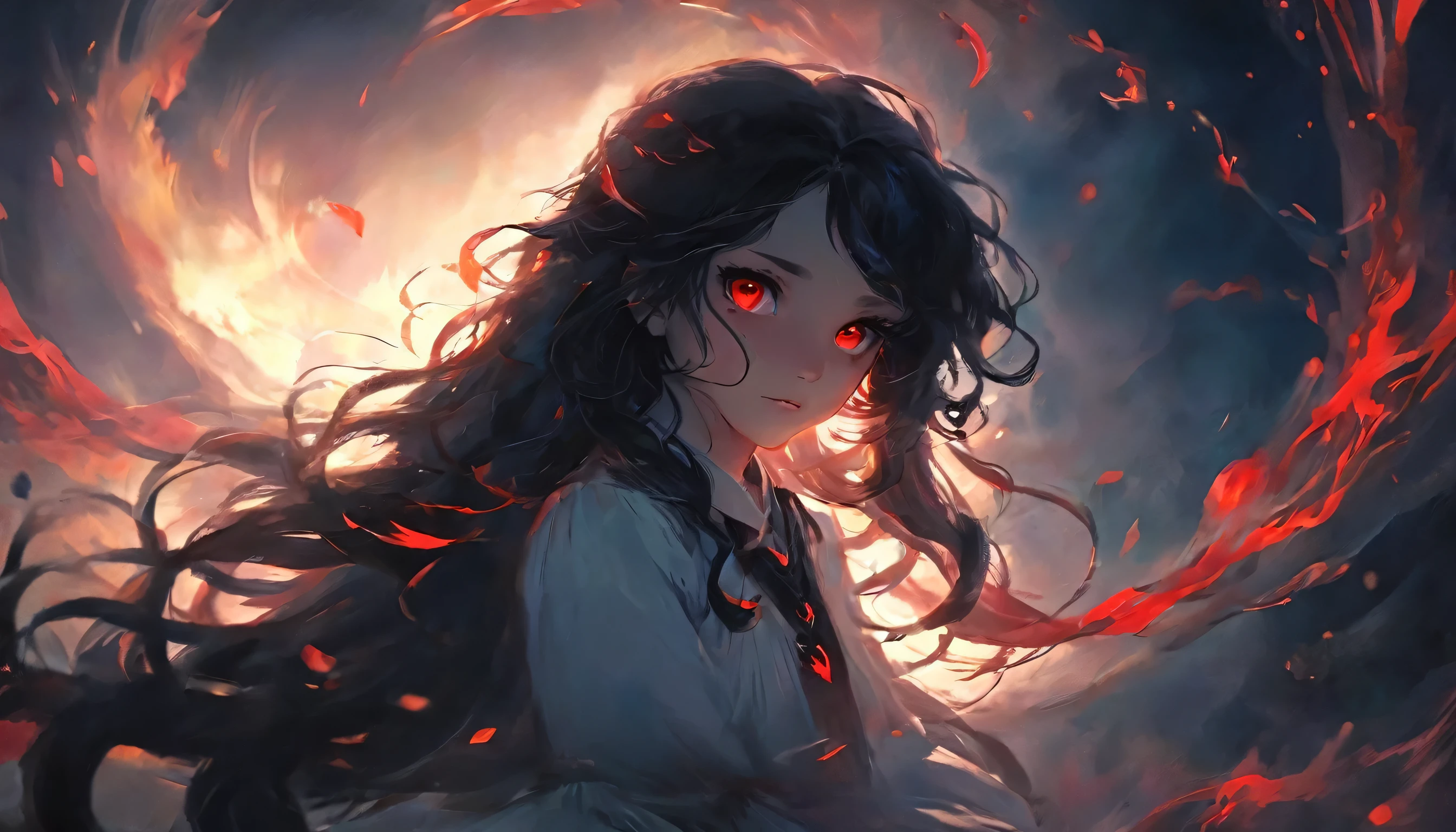 Shadows of hatred:1.4 curly:1.3 long hair red eyes girl float in the darkness.16k.