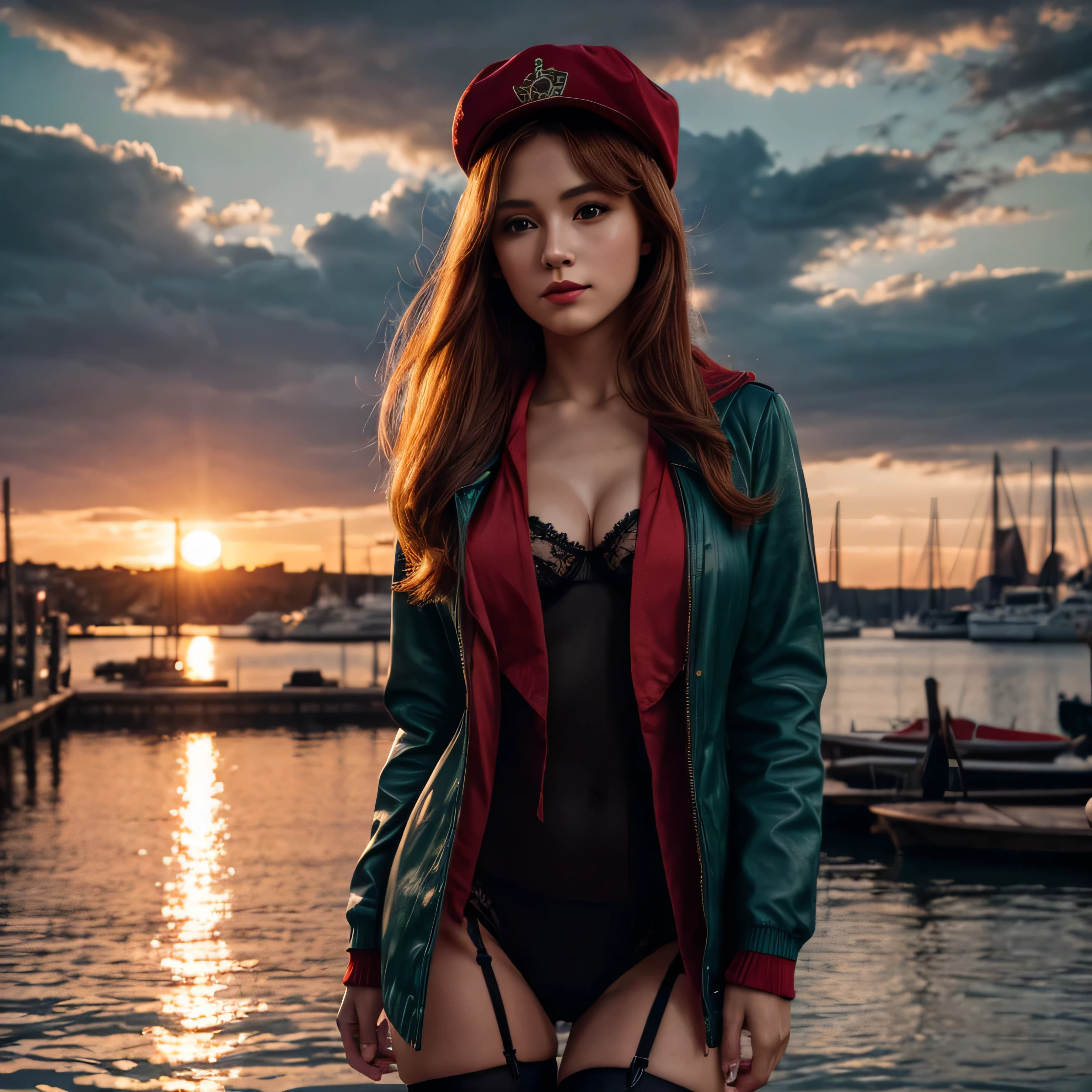 Medium shot, medium shot, depth of field, bust, upper body, cinematic angle, masterpiece, best quality, super detailed, CG, 8K wallpaper, pretty face, delicate eyes, a maiden, solo, ginger long hair, brown eyes, red lips, hairpin, teal shirt, black hooded jacket, red baseball cap, black stockings, black over-the-knee boots, show her panty cameltoe, sunset, medieval port, harbor, detailed water surface, sun reflection