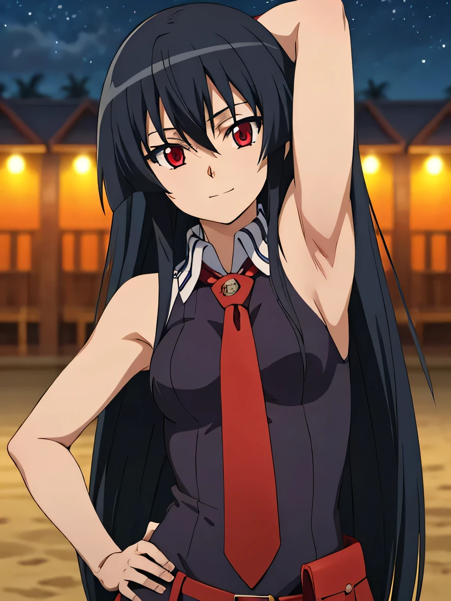 solo, 1girl, looking at viewer, 2D, anime, anime coloring, upper body, akame, necktie, sleeveless, looking at viewer, closed mouth, small smile, solo, night sky, beach, arm behind head, hand on hip, contrapposto, spread armpits,