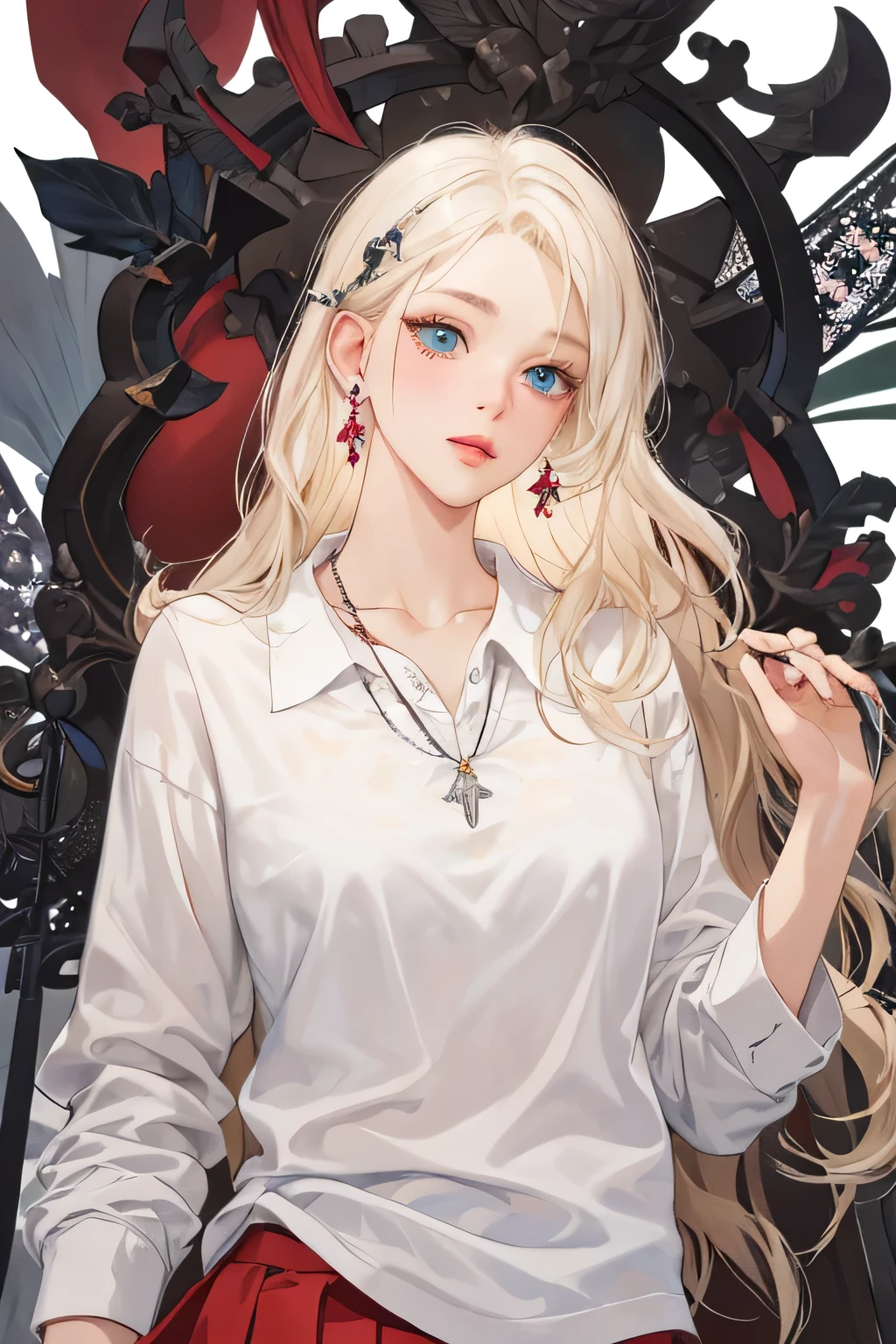 (extreamly delicate and beautiful:1.2), 8K,(masterpiece:1.0),(best_quality:1.0), 1 girl,model and intricate detailing, Enlarged textures, and intricate detailing, finely eye and detailed face, and intricate detailing, shiraga, platinum blonde curls long hair, (closed mouths), Perfect eyes, Equal eyes, carolina eyes (A famale god) with white polo shirt and red maroon short skirt, carolina eyes perfect, perfect, earing, hairpin, perfect body, sexy body, carolina blue perfect eyes, lips nude, necklace, little blush on nude