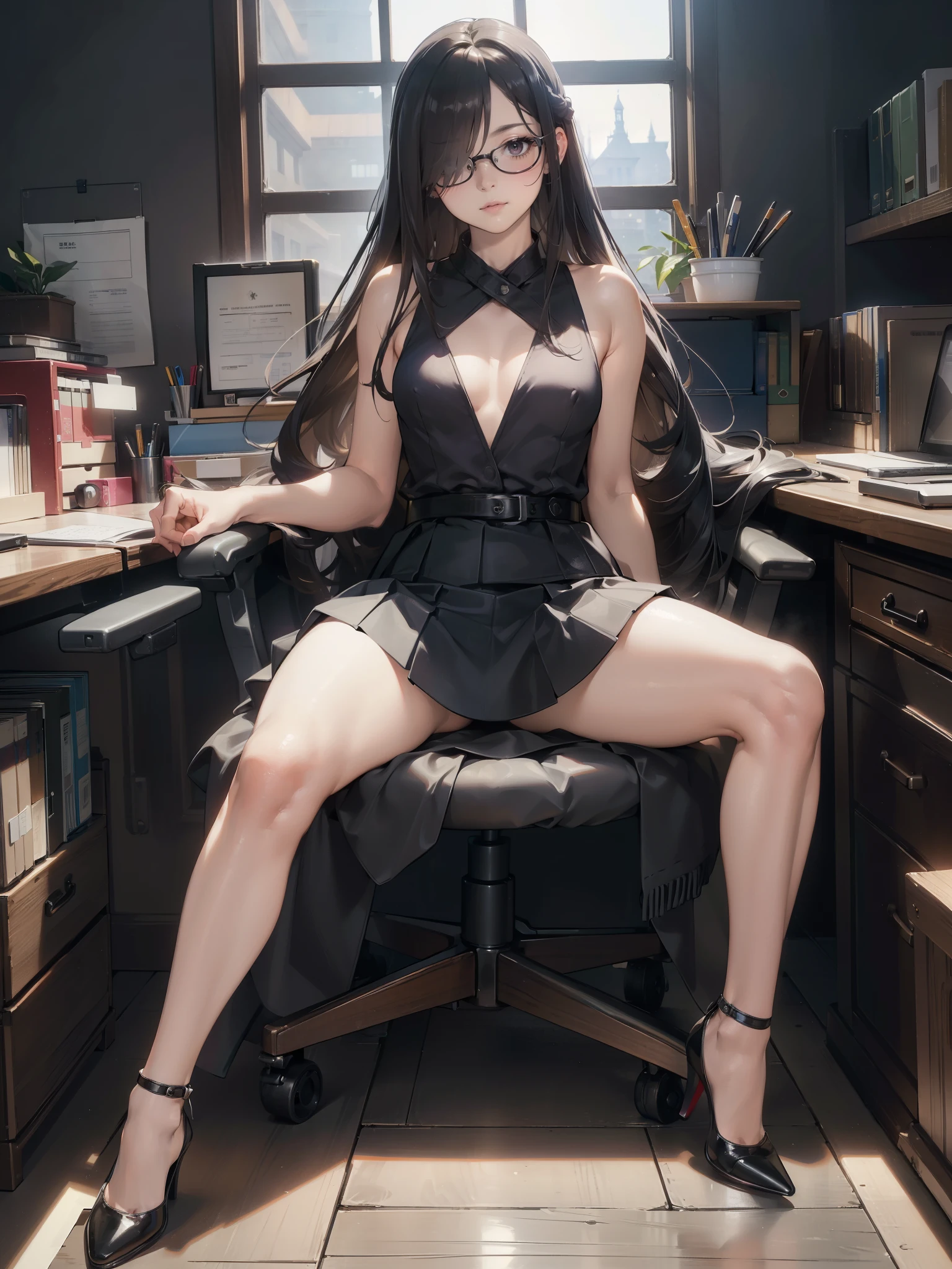 (((((middle age woman))))), masterpiece, ultra detailed, 8k portrait, RAW photo, portrait photography, highly detailed face, 1 woman, (((((sitting and spread legs))))), 23 years old, (((((tall))))), (((small eyes))), glasses, (((black long hair))), (((hair over one eyes))), (((white skin color))), (((((Office lady suits))))), (sleeveless dressedshirt), (((((mini skirt))))), (((pumps))), Midday Sun, hyper realistic, Body model, (Small breast:1.5), Beautiful breasts, Long legs, in the office room, Ambient lighting, Shadow details , Camera focus on face, strong breeze, Light fog