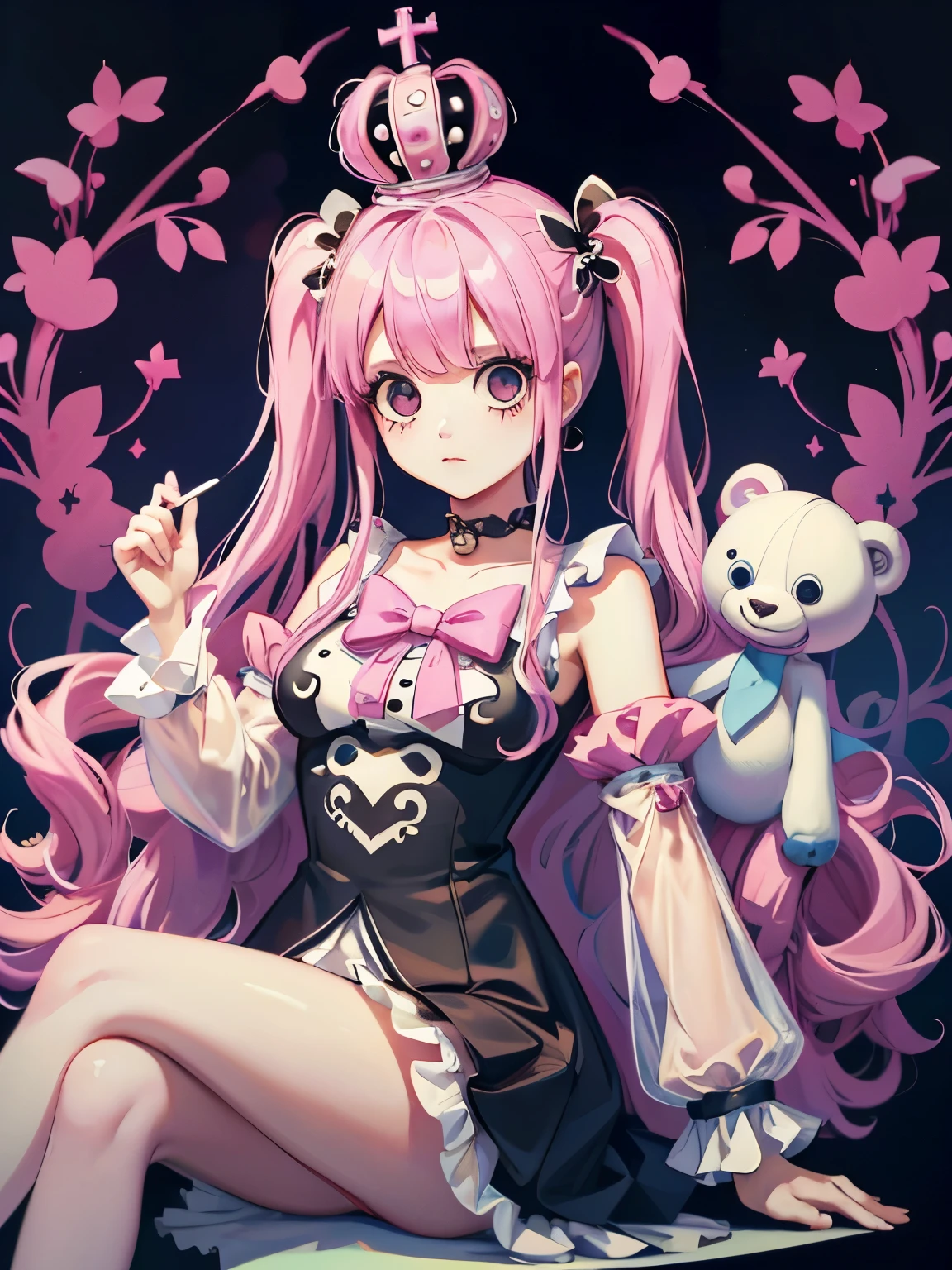 Perona, onepiece, Wearing a crown, Pink twin tails, Long Hair, Have a stuffed bear, Kumasi,  There are white transparent hologhosts floating around., Throne, Sitting on a luxurious throne, Crossing your legs, (((masterpiece:1.4))), (highest quality:1.4), (Ultra-high resolution:1.4), (best quality:1.2), (ultra detail:1.3), 16K