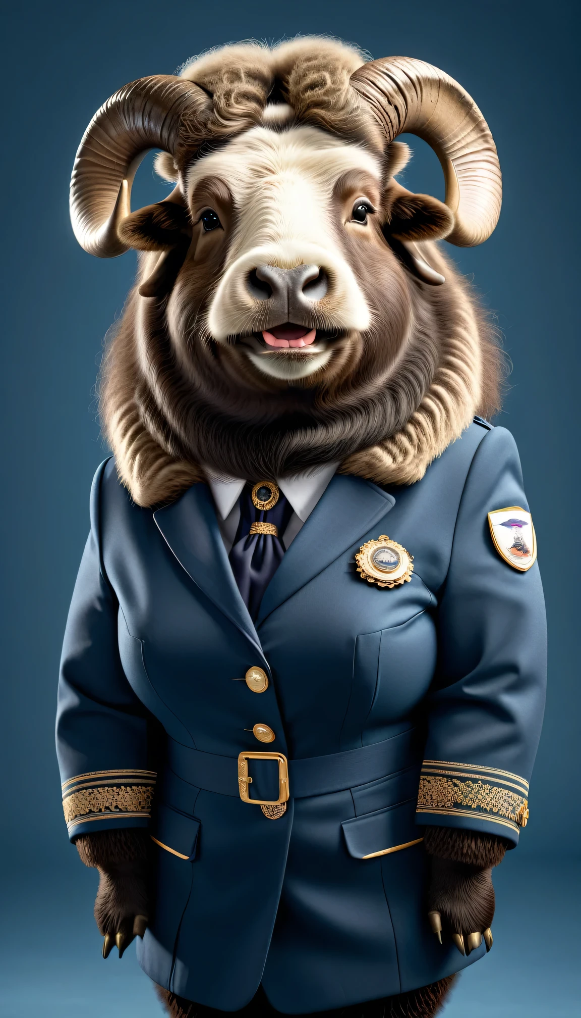 photorealistic portrait of Dressed animals - a ((fat)) musk ox Flight attendant,(elegant pose),(happy smile),(), high quality,(lovely) ,intricate details, highly detailed (Flight attendant uniform), earrings,,, (happy), studio lighting,(full body image:2.0)