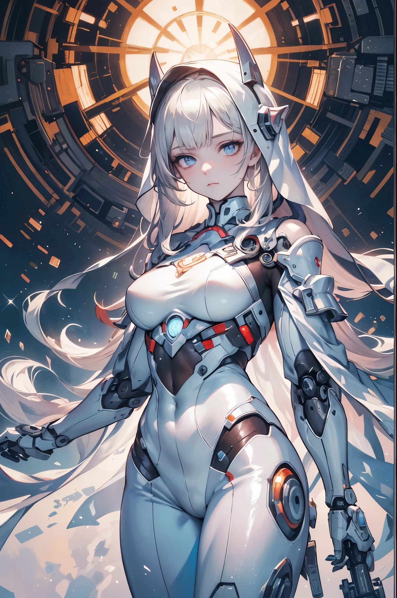 1girl, solo, cowboyshot, ((muture female)), (masterpiece), (best quality), (ultra-detailed), (illustration:1.2), (watercolor_painting:1.0), (highly detailed background:1.2), (thick outline), (perfect hands:1.4, two legs), (long bangs:1.2), shiny hair, (extra-long hair:1.2), white hair, (beautiful eyes:1.2), (gray eyes:1.2), blue gradient eye shadow, middle chest, extremely detailed beautiful anime face, clear pale blush, ((pale skin)), particles, ((Mechanical body)), white Android body, headgear, Sci-fi, Cold stare, (ghostly girl), (white tights), white veil, (expressionless), (empty eyes), composite lighting, professional shading, high quality textures, perfectly structured, natural proportions,