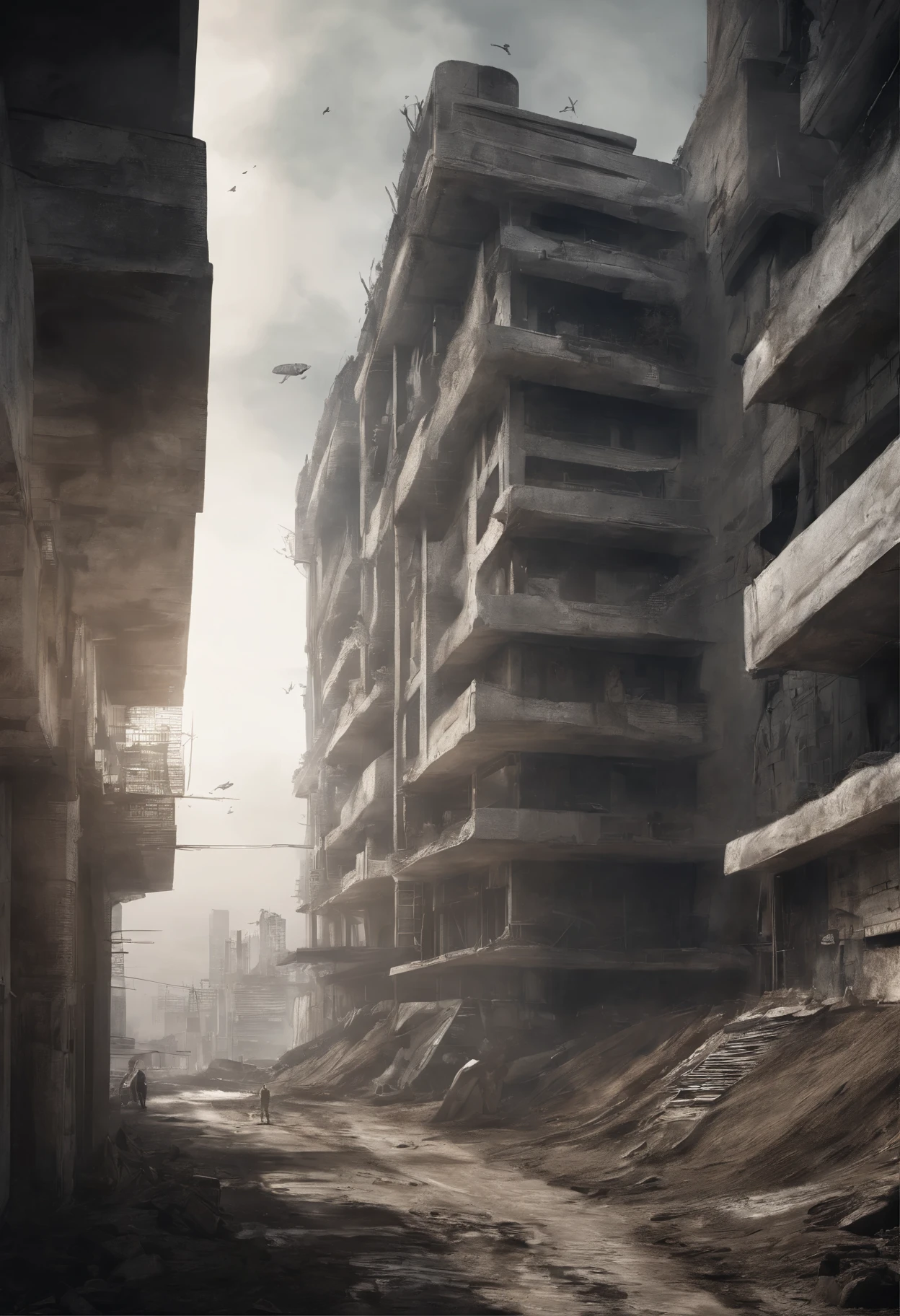 image of the view from inside the balcony of a tall circular tower in the center of a post-apocalyptic North American megalopolis, visao de toda cidade, there is a concrete walkway crossing from one building to another on the horizon, a cidade tem tons de cinza, has smoky structures, carros abandonados nas ruas, desert megalopolis, tall buildings and collapsing to the ground, many destroyed buildings around, TEM UMA GAROTA VESTIDA COM CAPUZ ANDANDO NA RUA, as realistic as possible, As detailed as possible