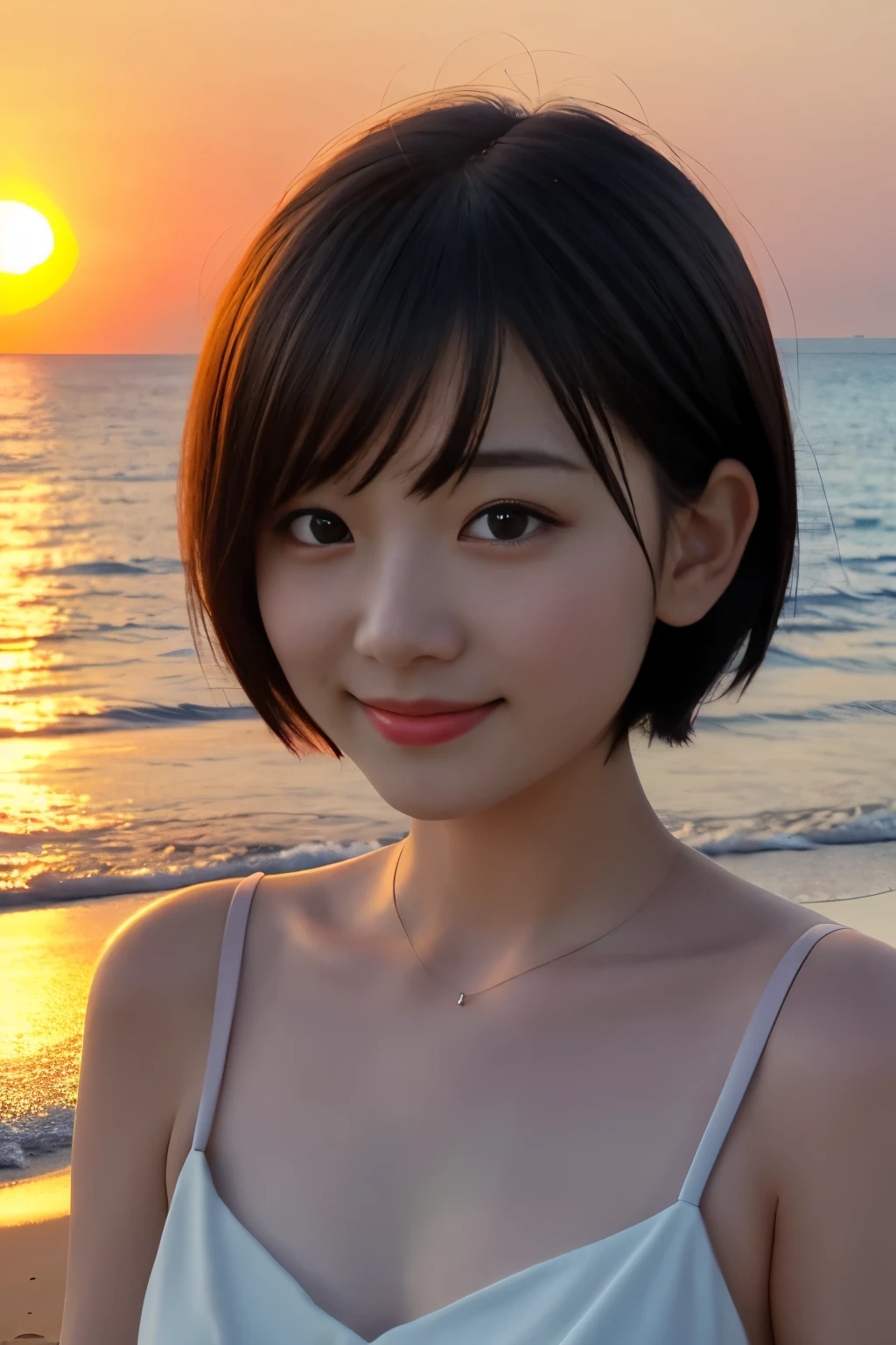 1 girl、Japanese 17 year old beautiful girl、Bright expression、((Very short short hair)) 、1 girl、Small face、Cute face、Gray hair:1.5、Bob、short hair、looking at the camera、Small breasts、An ennui look、(((camisole、one piece)))、Particles of light、Sunset sea、Calm sea、White sand beach、Very beautiful sunset、RAW Photos、highest quality、High resolution、High resolution、masterpiece：1.3、８ｋ、１２ｋ、Professional photographer、