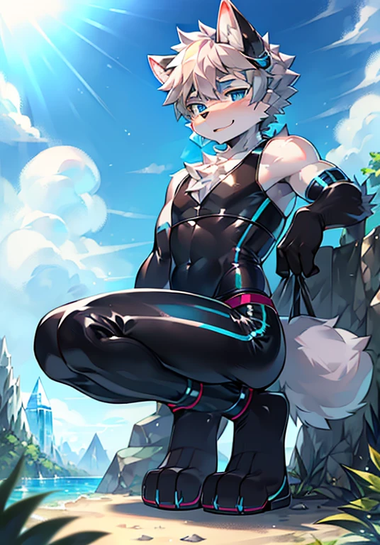 Furry,wolf boy,White fur,crystal blue eyes,Single fluffy tail,greyt hair,short detailed hair,summer day,dive,Wear diving goggles,masculine features,Squat,asshole,bulge,Sexy latex swimsuit,full body