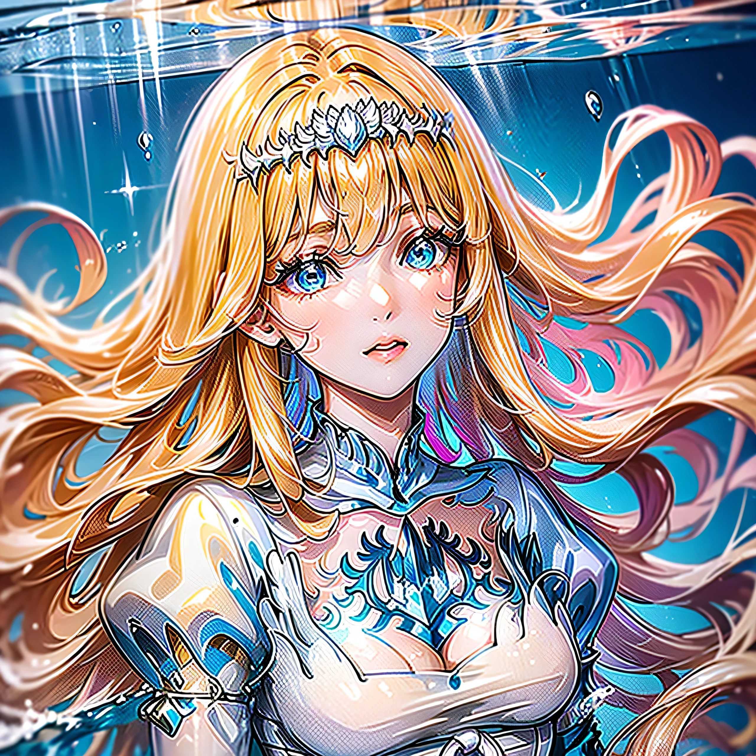 , high resolution, (super detail), 1 girl,  elegant, Holy, Colouring, , underwater, Floating and messy hair in the sea,, solo, Calca, Calca Bessarez, blonde hair, extremely long hair, very long hair, white tiara, white dress, blue eyes, medium chest