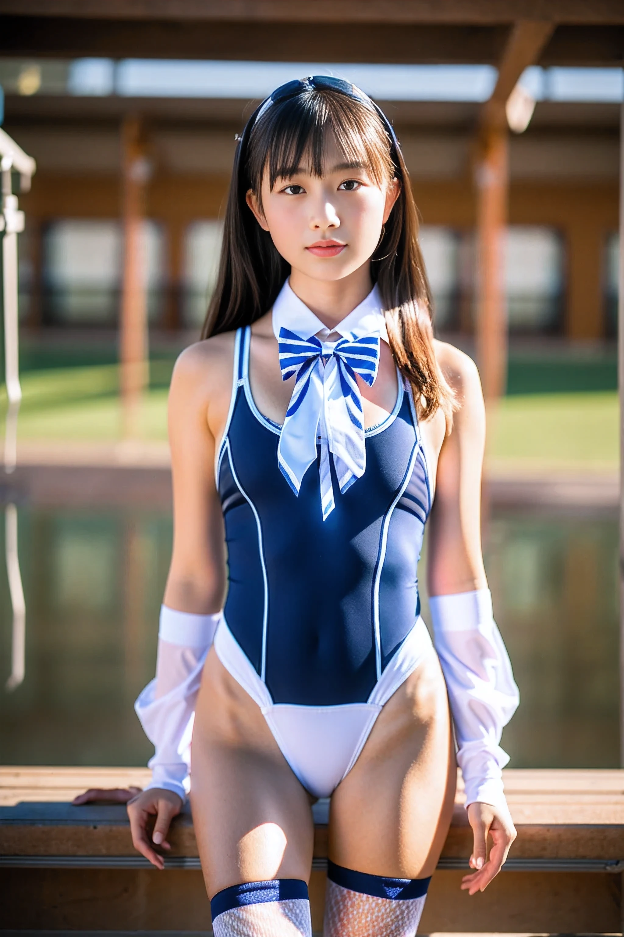 (8x_NMKD-Superscale_150000_G),(8K, Super high quality,highest quality),(masterpiece:1.5),(cowboy shot), 1 girl, , (facing front with correct posture), (bowtie), (school swimsuit), (long socks)