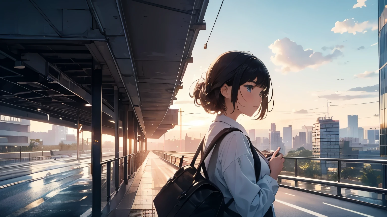 {full body view}, {best quality}, {very aesthetic}, {ultra-detailed}, {best illustration}, {Profile of a girl looking up at the sky on a road after the rain}, Top view,　Refreshing atmosphere, urban office district, blue sky,　Super elaborate face, Super elaborate fingers, extremely detailed,　 Rain-soaked road, A clear sky,