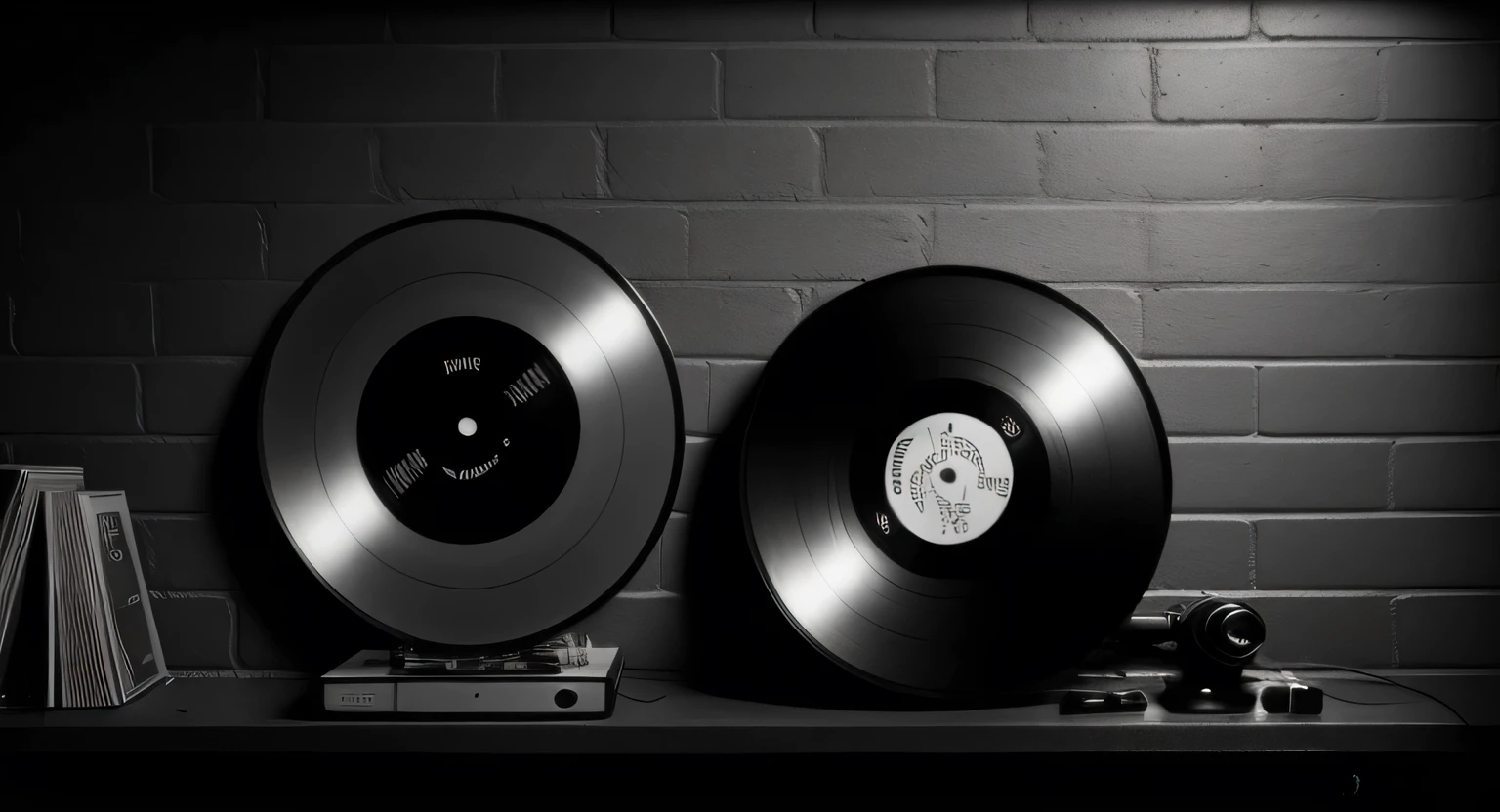 Foto capturada por uma lente de 50mm, em preto e branco, de discos de vinil pendurados em uma parede de tijolos, inside a dark studio