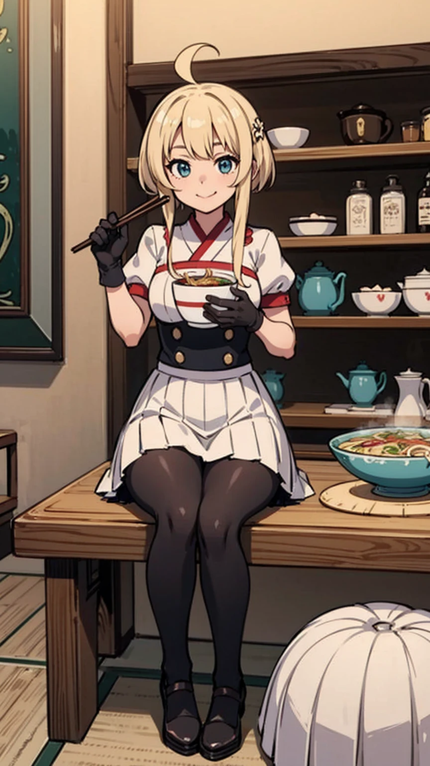masterpiece, Top quality, Charming pose, Full body wide angle, Smile, (sit:1.1) ,Ichiraku Ramen, (Eat ramen:1.0), Holding chopsticks and ramen bowl, Snoring sound when eating noodles,, Silent Suzuka (Fresh beans), Black gloves, White Skirt, Pleated Skirt, Black tights, Multi-layered sleeves, puffy short sleeves, Short sleeves with long sleeves, Black bow, festival,