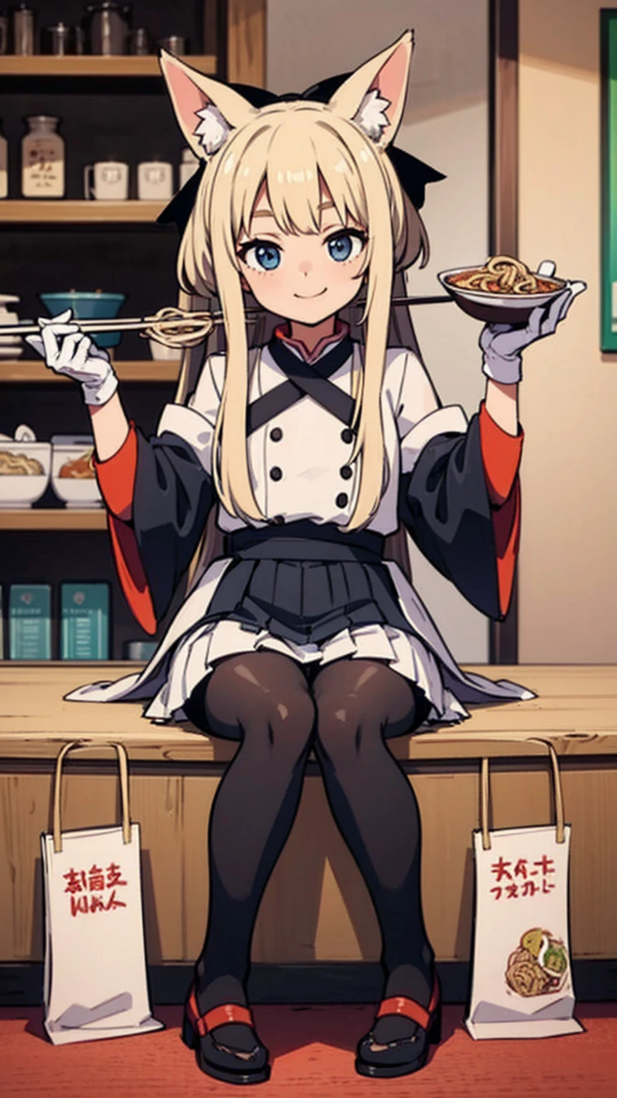 masterpiece, Top quality, Charming pose, Full body wide angle, Smile, (sit:1.1) ,Ichiraku Ramen, (Eat ramen:1.0), Holding chopsticks and ramen bowl, Snoring sound when eating noodles,, Silent Suzuka (Fresh beans), Black gloves, White Skirt, Pleated Skirt, Black tights, Multi-layered sleeves, puffy short sleeves, Short sleeves with long sleeves, Black bow, festival,