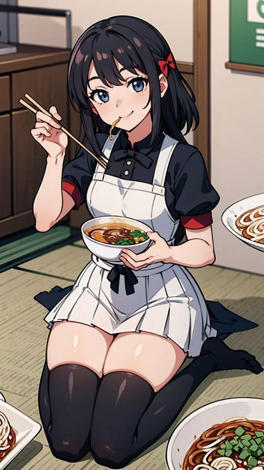 masterpiece, Top quality, Charming pose, Full body wide angle, Smile, (sit:1.1) ,Ichiraku Ramen, (Eat ramen:1.0), Holding chopsticks and ramen bowl, Snoring sound when eating noodles,, Silent Suzuka (Fresh beans), Black gloves, White Skirt, Pleated Skirt, Black tights, Multi-layered sleeves, puffy short sleeves, Short sleeves with long sleeves, Black bow, festival,