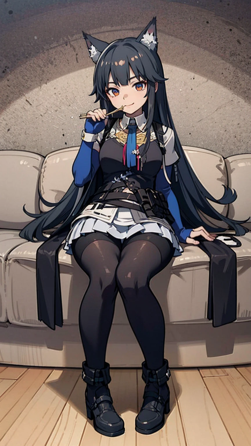 masterpiece, Top quality, Charming pose, Full body wide angle, Smile, (sit:1.1) ,Ichiraku Ramen, (Eat ramen:1.0), Holding chopsticks and ramen bowl, Snoring sound when eating noodles,, Silent Suzuka (Fresh beans), Black gloves, White Skirt, Pleated Skirt, Black tights, Multi-layered sleeves, puffy short sleeves, Short sleeves with long sleeves, Black bow, festival,