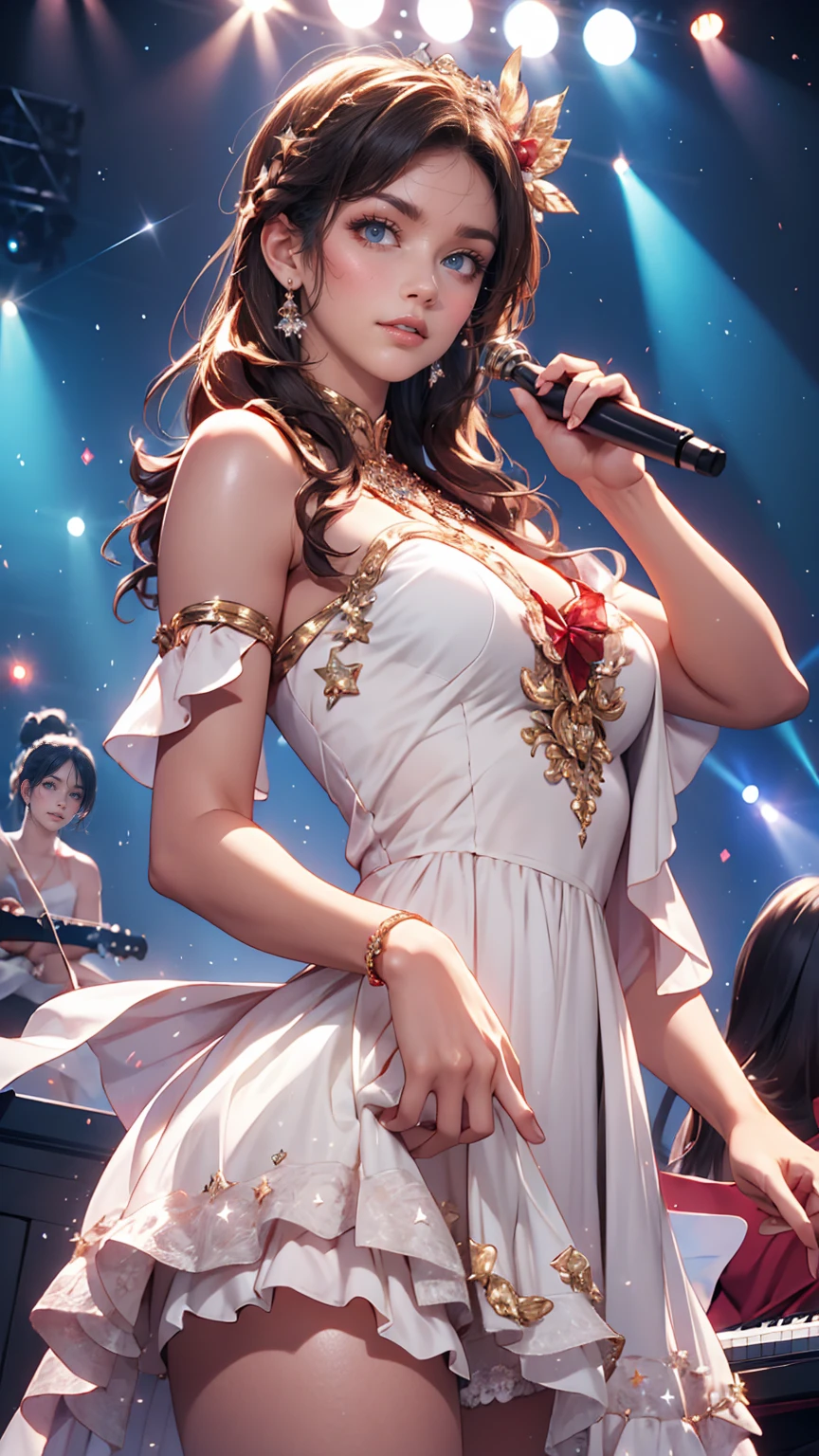 One girl, alone, highest quality, masterpiece , Hoshino Ruby,  hair ornaments, Shining Eyes, Stars in my eyes, (Star in the right eye:1), (dress:1.4), (Concert 1), On Stage,