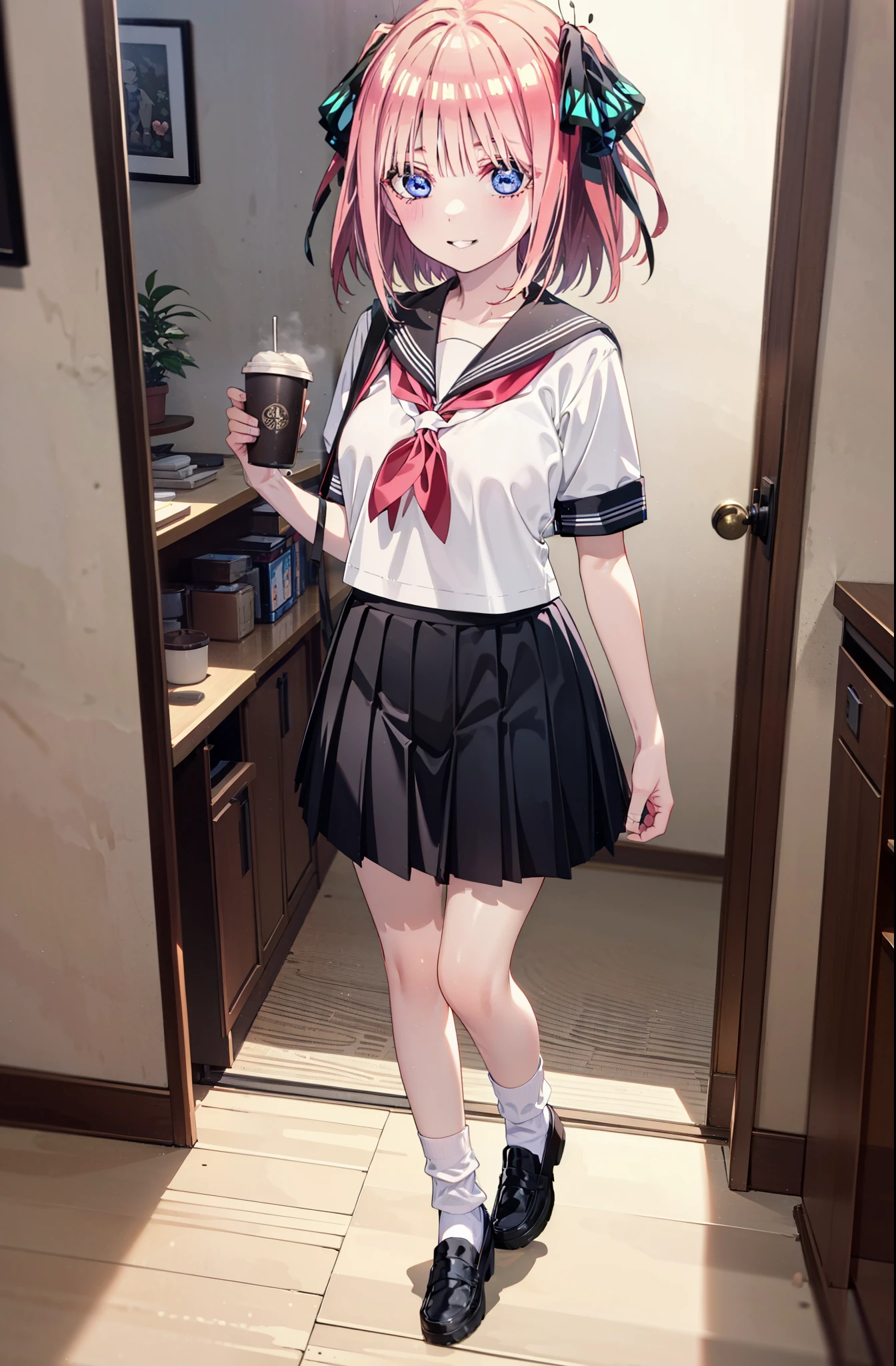 I was silent, nino nakano, Short Hair, bangs, blue eyes, hair ornaments, Hair Ribbon, Pink Hair, blunt bangs, Both sides up, butterfly hair ornaments,smile, Grin,Big Breasts,Japanese schoolgirl(Sailor suit),Short sleeve,Black pleated skirt,White loose socks,Brown Loafers,Daytime,sunny,whole bodyがイラストが入るように,Looking down from above,
break indoors, coffee shop,
break looking at viewer, whole body,
break (masterpiece:1.2), highest quality, High resolution, unity 8k wallpaper, (shape:0.8), (Beautiful details:1.6), Highly detailed face, Perfect lighting, Highly detailed CG, (Perfect hands, Perfect Anatomy),