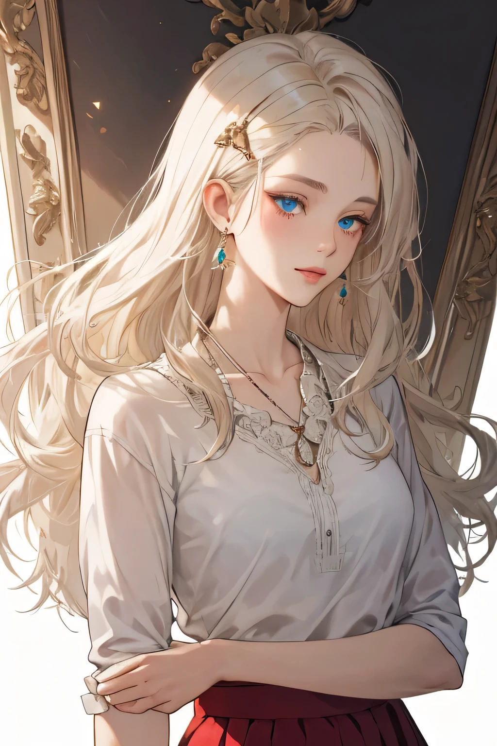 (extreamly delicate and beautiful:1.2), 8K,(masterpiece:1.0),(best_quality:1.0), 1 girl,model and intricate detailing, Enlarged textures, and intricate detailing, finely eye and detailed face, and intricate detailing, shiraga, platinum blonde curls long hair, (closed mouths), Perfect eyes, Equal eyes, carolina eyes (A famale god) with white polo shirt and red maroon short skirt, carolina eyes perfect, perfect, earing, hairpin, perfect body, sexy body, carolina blue perfect eyes, lips nude, necklace, little blush on nude