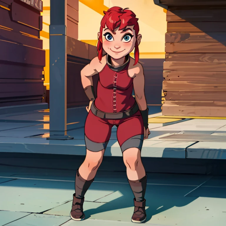 nimona, (best quality, masterpiece, 1girl, kid, solo,looking at viewer, red hair, cute mocking crazy face, smile, naughty), sharp, neon cyberpunk world background, sharp eyes, perfect eyes, rolling eyes, blush, nude body, full body, front view, looking on viewer , smiling, by a bench, flat torso ,chubby body, wide hips, pussy, shy, pussy juice, curvy legs 