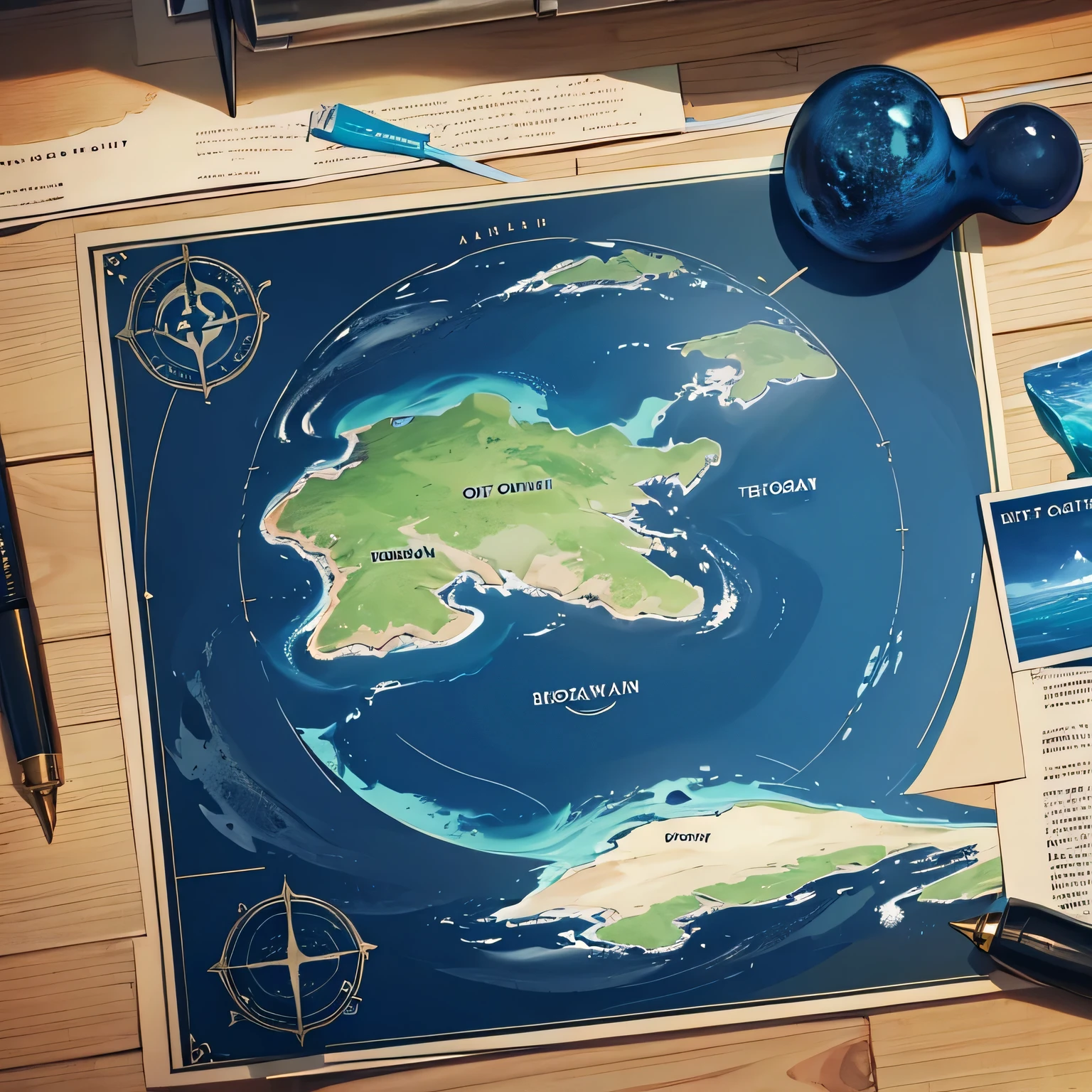 Otherworldly map Continent to the right Large island on the left々 Plan view