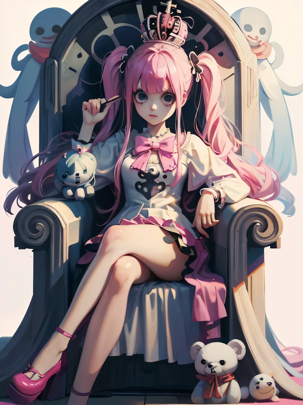 Perona, onepiece, Wearing a crown, Pink twin tails, Long Hair, Have a stuffed bear, Kumasi,  There are white transparent hologhosts floating around., Throne, Sitting on a luxurious throne, Crossing your legs, (((masterpiece:1.4))), (highest quality:1.4), (Ultra-high resolution:1.4), (best quality:1.2), (ultra detail:1.3), 16K