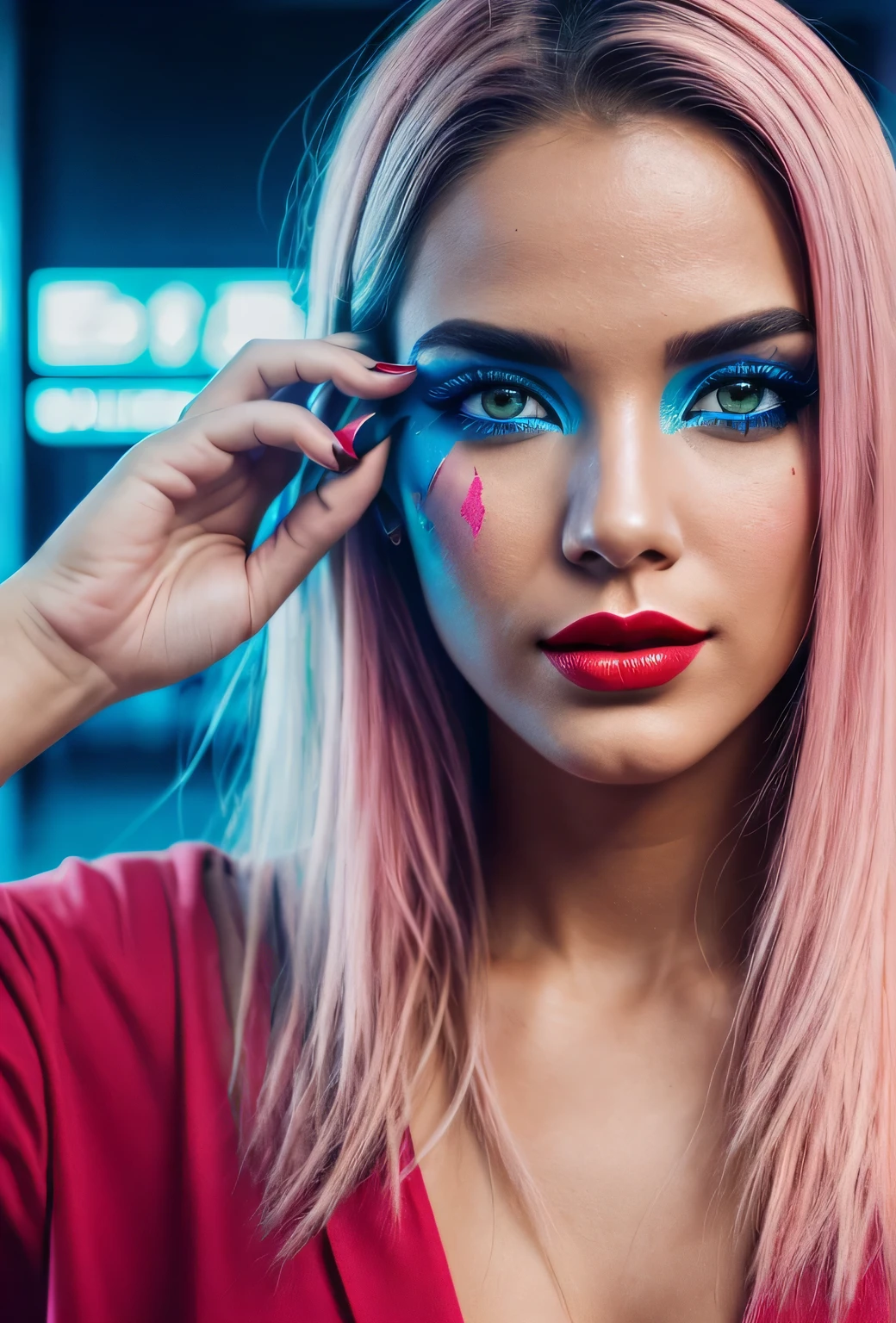 close-up image of the right eye of a beautiful girl with long, waist-length blonde hair, she is cross-eyed, the eye is full screen, close no olho, eyes as bright as possible, olhos sexys, she's teasing, estilo diamante, lips with strong red lipstick, as close as possible, ela tem a face pintada de branco e uma imagem de um raio azul atravessando o olho dela, at a gas station with blue and pink neon, estilo cyberpunk