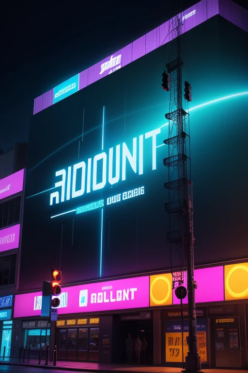 A rectangular billboard bathed in neon blue glow, adorned with lavender and royal blue hues, showcases the futuristic theme of "Android." Centered and readable amidst neon- lit letters, the eye-catching phrase "BUBLETRONIC" dominates the image. Behind this luminous display, an orange explosion erupts, its blue flames crackling with sparks everywhere, creating a dramatic backdrop that accentuates the billboard's high-tech appeal.
