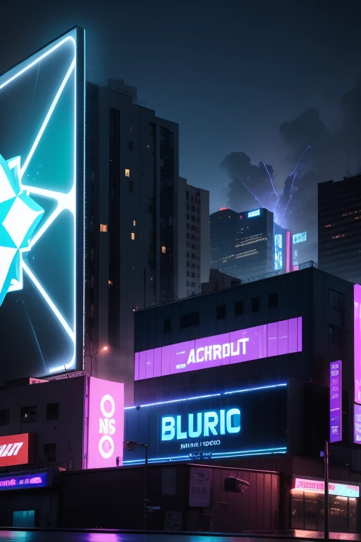 A rectangular billboard bathed in neon blue glow, adorned with lavender and royal blue hues, showcases the futuristic theme of "Android." Centered and readable amidst neon- lit letters, the eye-catching phrase "BUBLETRONIC" dominates the image. Behind this luminous display, an orange explosion erupts, its blue flames crackling with sparks everywhere, creating a dramatic backdrop that accentuates the billboard's high-tech appeal.