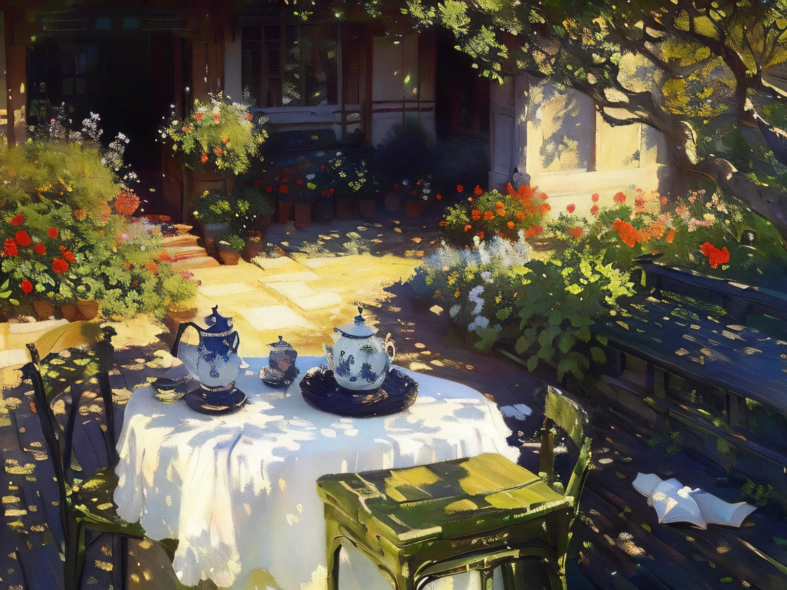 Claude Monet风格,painting,A table covered with a white tablecloth and a table covered with a white tablecloth, In the garden, Claude Monet, by claude many, many painting, claude many), charles many, French Impressionism, in the garden, many painted, Impressionist art, Blanche Hoschedé Monet, many style, Exquisite Art, many. stunning lighting, Romantic Impressionism, author:Monet