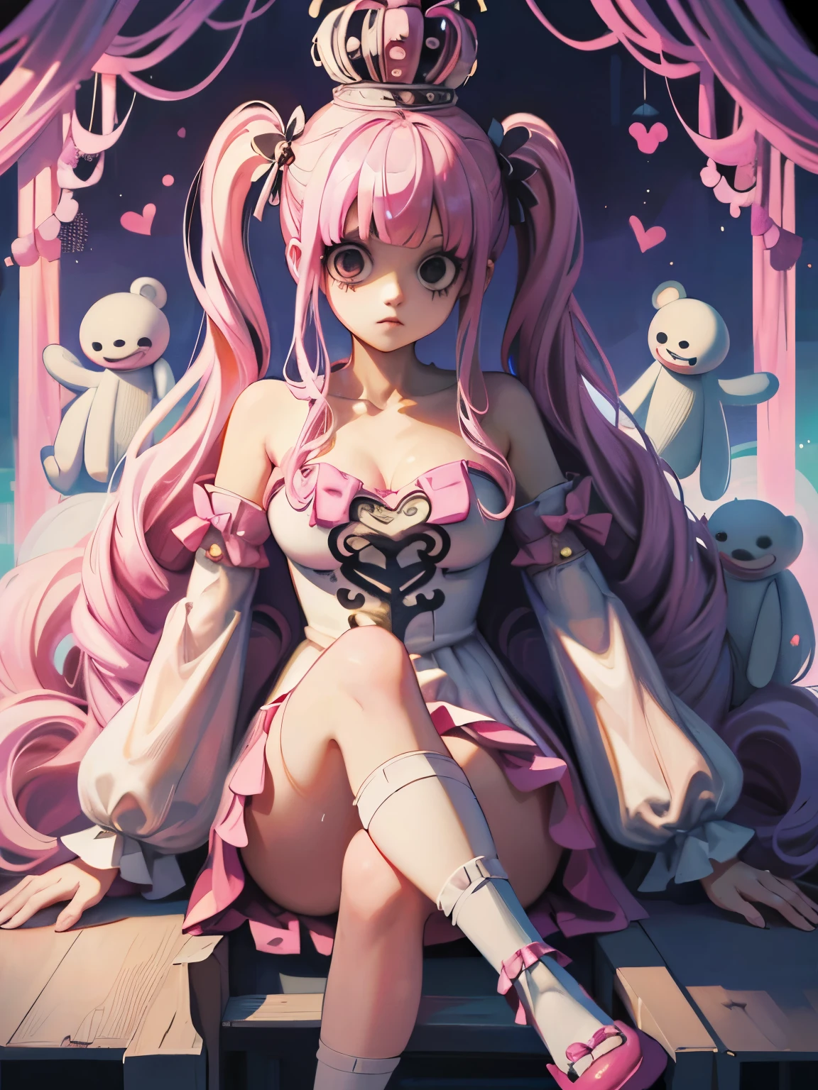 Perona, onepiece, Wearing a crown, Pink twin tails, Long Hair, Have a stuffed bear, Kumasi,  There are white transparent hologhosts floating around., Throne, Sitting on a luxurious throne, Crossing your legs, (((masterpiece:1.4))), (highest quality:1.4), (Ultra-high resolution:1.4), (best quality:1.2), (ultra detail:1.3), 16K