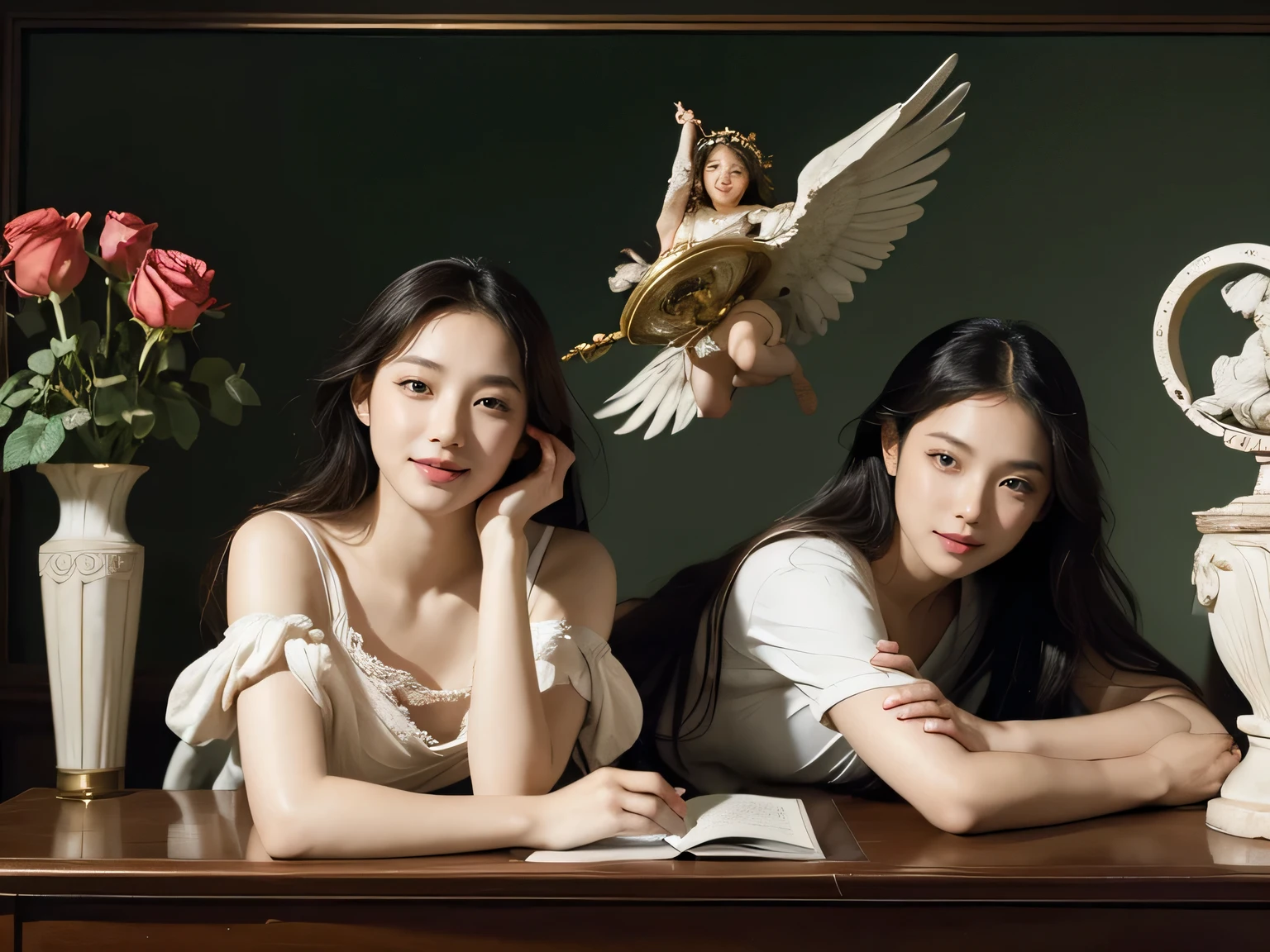 Female angel with two white wing,full body portrait or statue、Sandro Botticelli painting style,Arguments of two female Philosophe,math、astronomical machine、astronaut、roses in vase、fruits、Cute trinkets、smile、ancient greek costume、Ancient Roman landscape in the style of Nicolas Poussin,laughter,,Sweet and seductive appearance.、Caravaggio's paintings、Chiaroscuro of Caravaggio、hair tousled by the wind,Two women frolicking,cute smile, expression of ecstasy,Sexy,erotic
