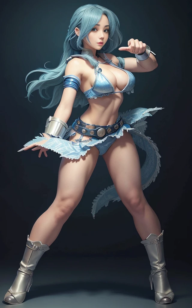 Blue Hair Surrealism, Character table, Reference Table, Standing painting, 8k, Super Detail, 1080P, Women HD, 4K, 8k, 16k, high resolution, best quality, high quality, Anatomically correct, masterpiece, precise, Ultra HD，grace，Unreal Engine，Delicate face，Long braids，slim，Long legs，miniskirt