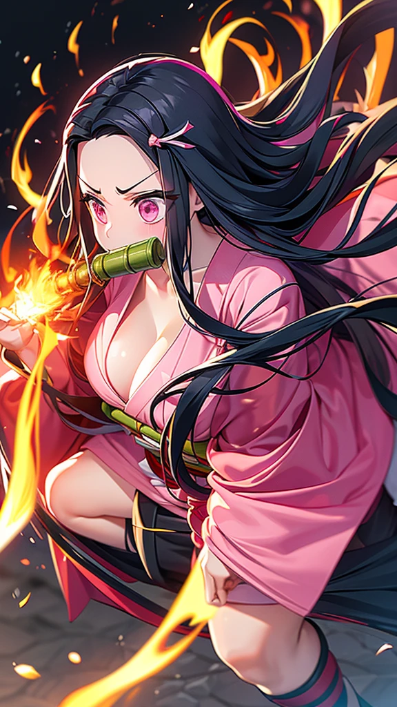 20-year-old、Pink kimono、Long black hair、Chewing bamboo、Gag、Large Breasts、nezuko、Angry expression、rage、Putting flames out of the hands、Fight、No cleavage