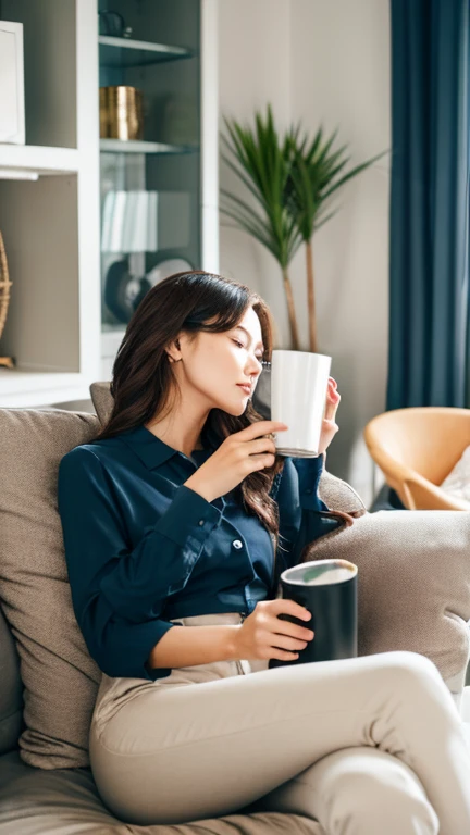 A career woman getting ready for work and relaxing in the living room drinking coffee
