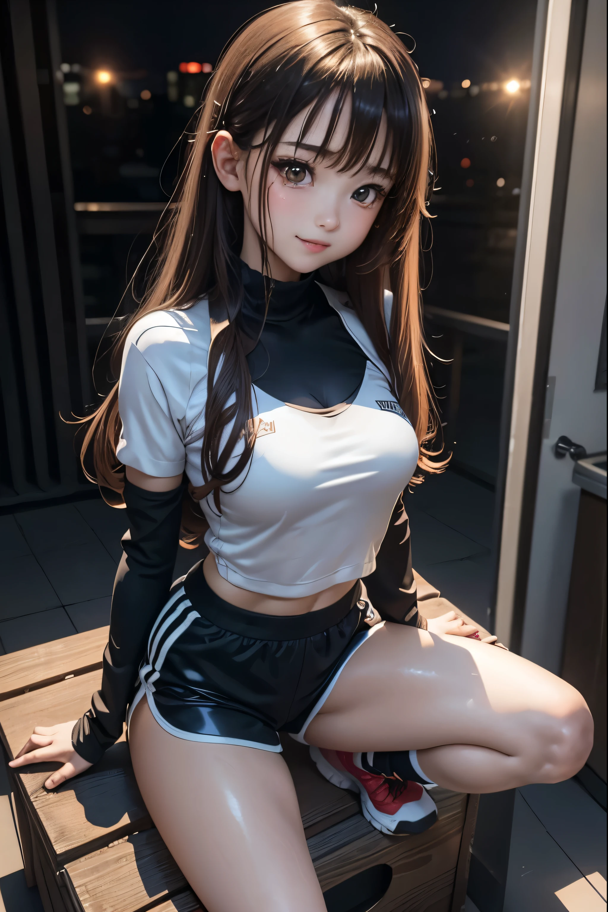 masterpiece, Ultra-fine Illustration, highest quality, Particles of light, Very detailed, 8k wallpaper, (Bright colors:1.2), 22 years old, Shiny skin, smile, A captivating smile, The top is a large black jersey、Black Bloomers、high school girl、Gym suit、Shorts、Super cute、Extremely beautiful、The figure is a little sexy、Knee-high socks、Thigh-high socks、Red sneakers、Brown Hair、chest size small、Sweating profusely all over the body、A lot of sweat and light on the thighs、Shiny thighs、Plenty of sweat glistening on the thighs、A large amount of sweat glistens on my thighs、Sweating profusely、Alluring expression、Dark closed door background、Slender system、Are standing、sit on a vaulting box、night、Are standing、Small breasts、Baggy jersey、slender、